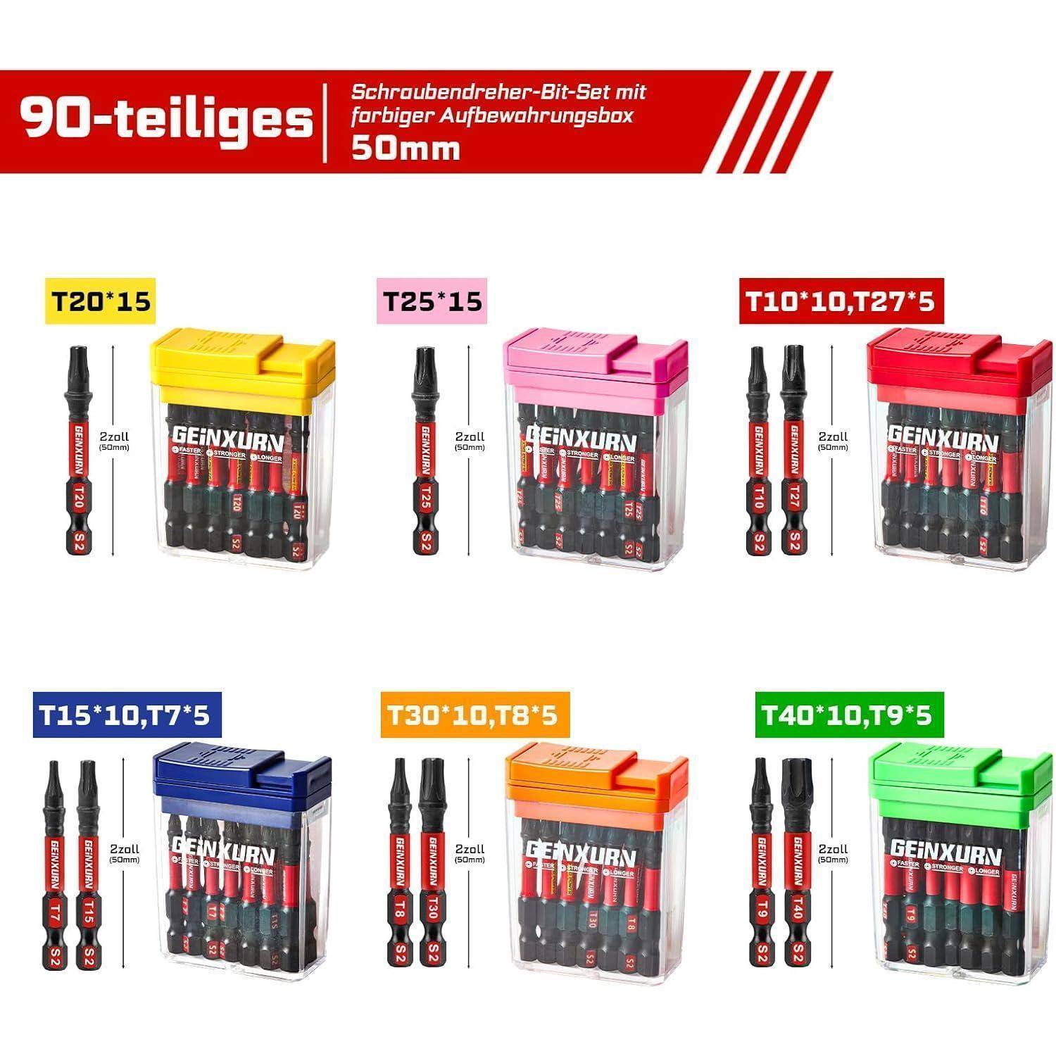 Produktbild eines 90-teiligen Schraubendreher-Bitsets mit farbcodierter Aufbewahrungsbox, das sechs Torx-Bitgrößen und zwei Bitlängen pro Größe zeigt.