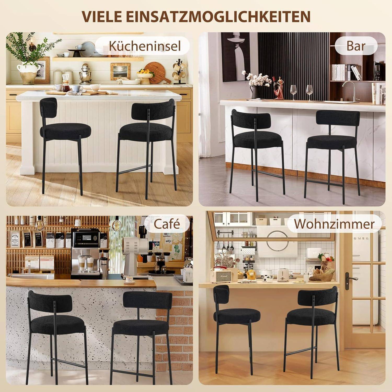 Collage mit einem schwarzen Barhocker in verschiedenen Umgebungen: Kücheninsel, Bar, Café und Wohnzimmer, mit dem Titel „VIELE EINSATZMÖGLICHKEITEN