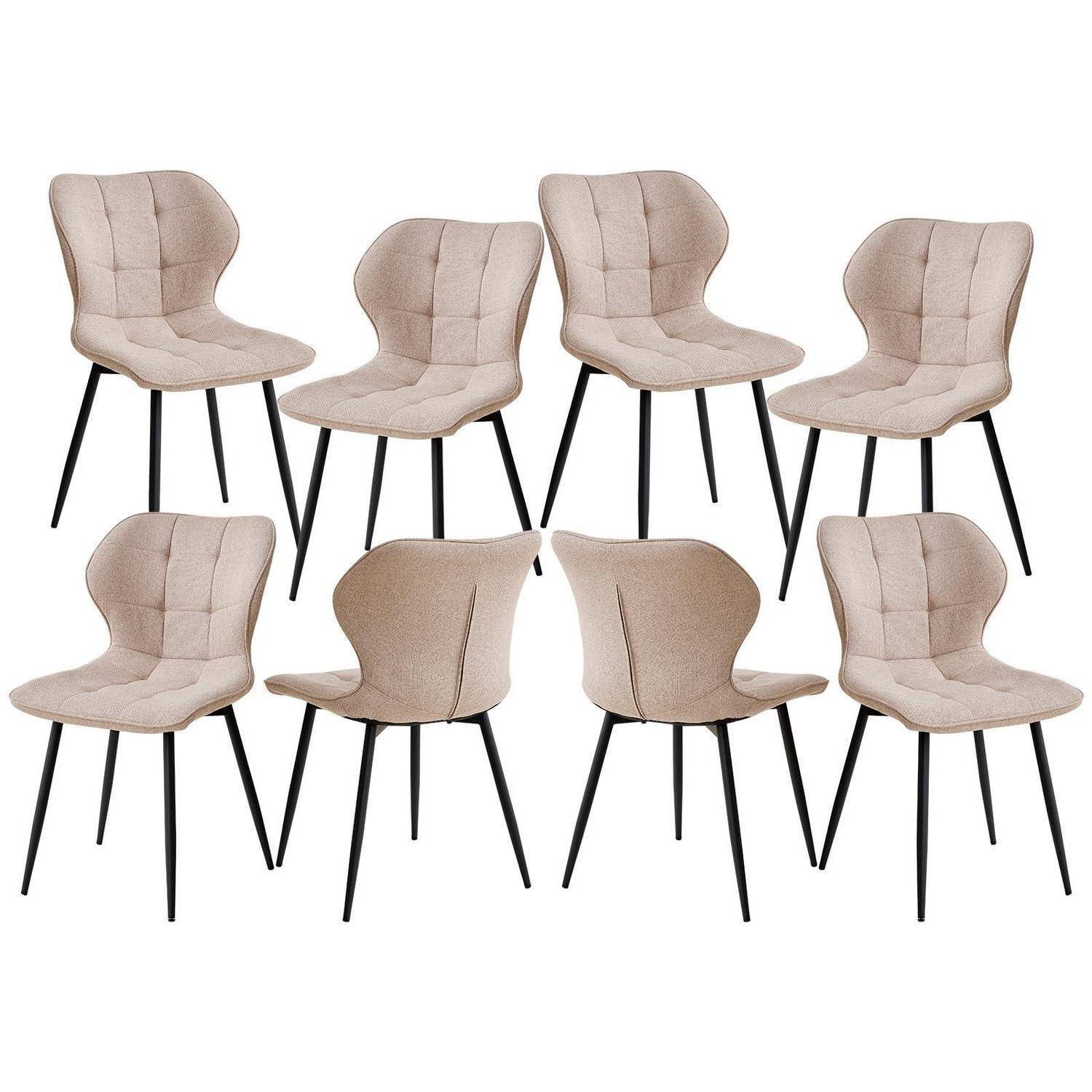 Acht beige gepolsterte Esszimmerstühle mit schwarzen Metallbeinen, gezeigt in Vorder- und Rückansicht auf weißem Hintergrund.