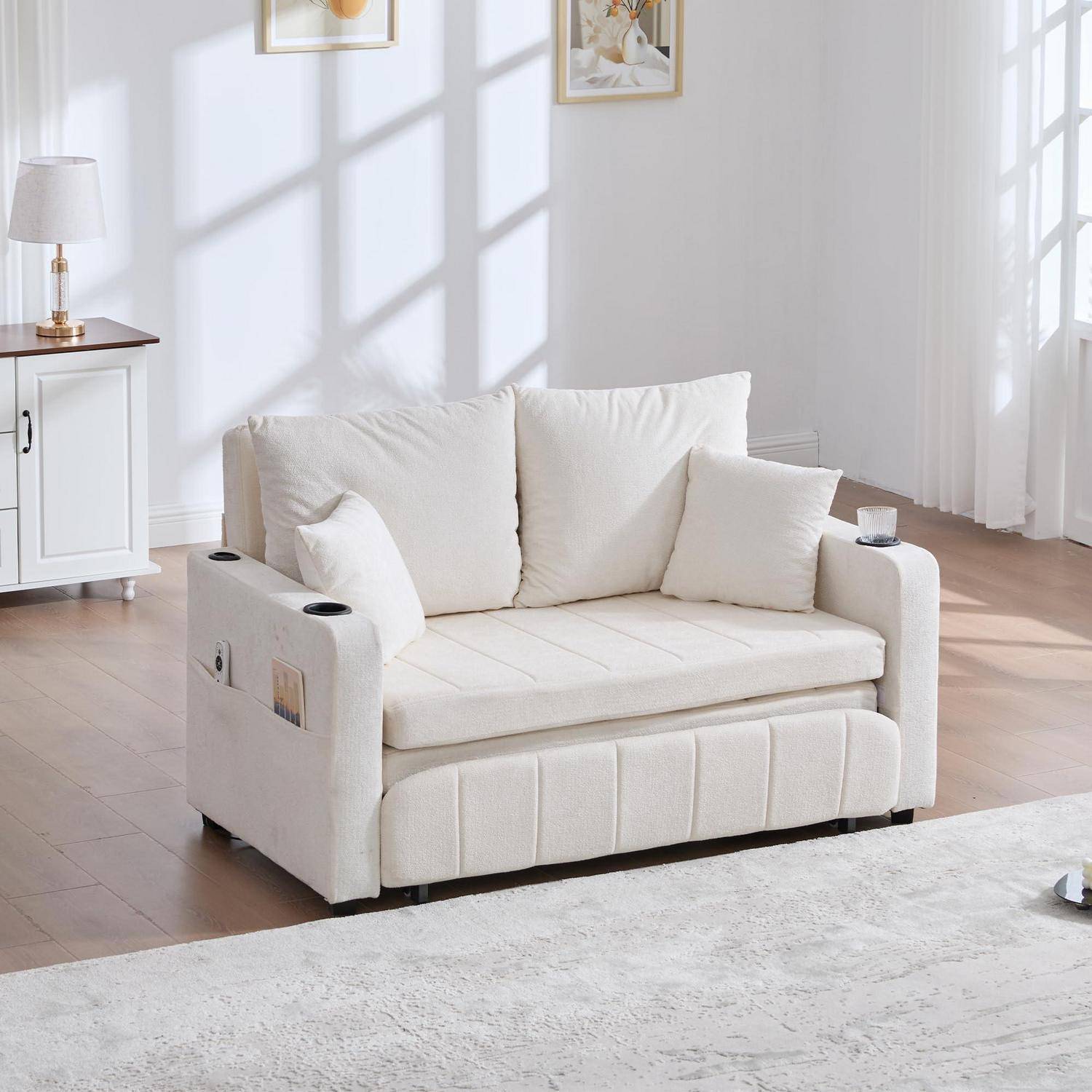 Zweisitzer Sofa mit Schlaffunktion, Schlafcouch Ausziehbar, Multifunktionales Klappsofa | Mit Aufbewahrungstasche, Becherhalter & 4 Kissen, Kleine