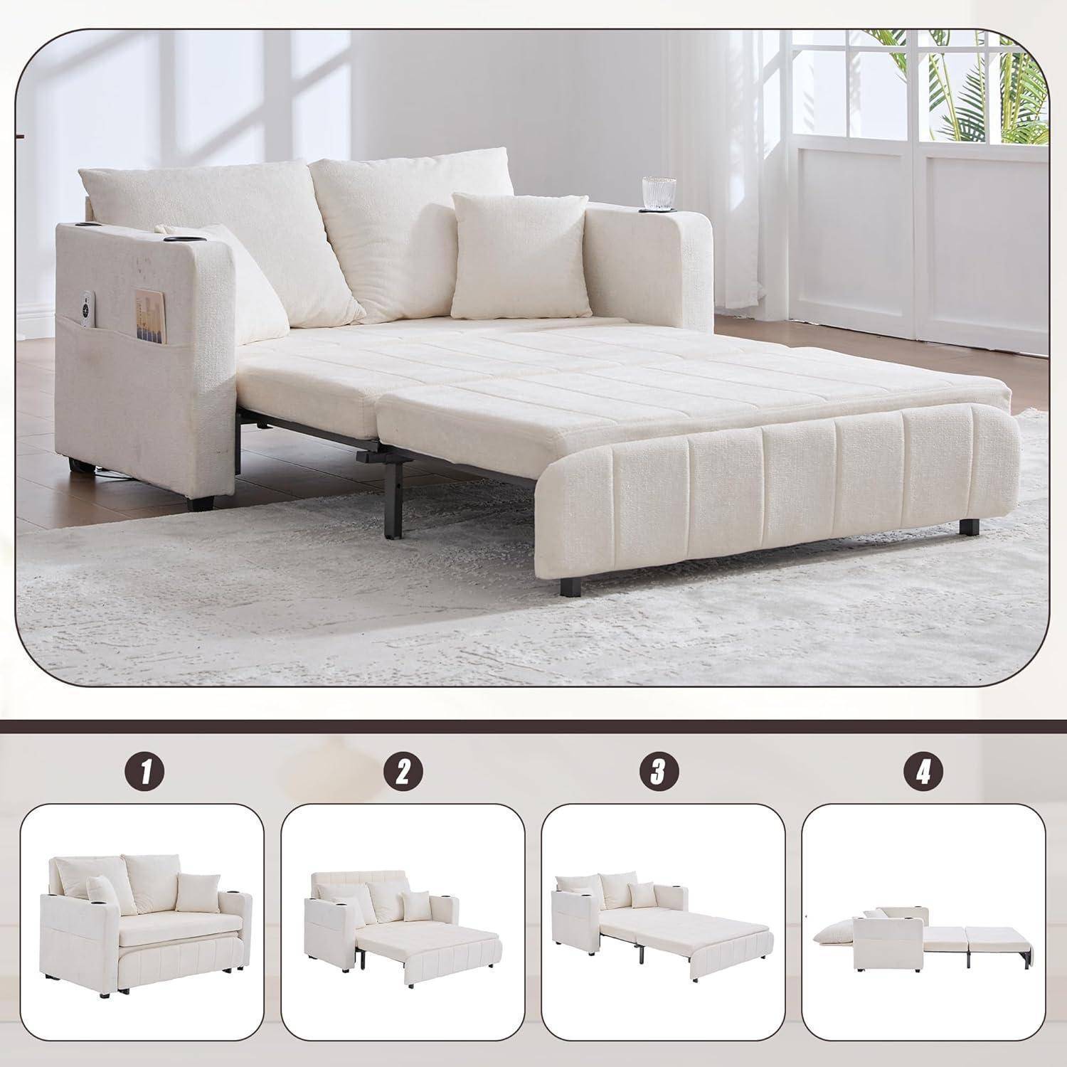 Zweisitzer Sofa mit Schlaffunktion, Schlafcouch Ausziehbar, Multifunktionales Klappsofa | Mit Aufbewahrungstasche, Becherhalter & 4 Kissen, Kleine