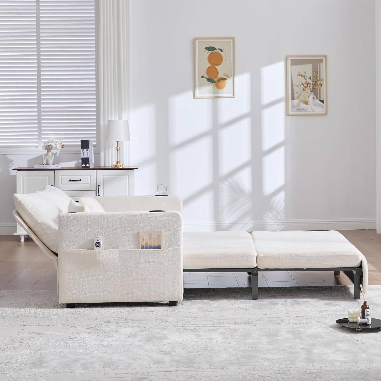 Zweisitzer Sofa mit Schlaffunktion, Schlafcouch Ausziehbar, Multifunktionales Klappsofa | Mit Aufbewahrungstasche, Becherhalter & 4 Kissen, Kleine