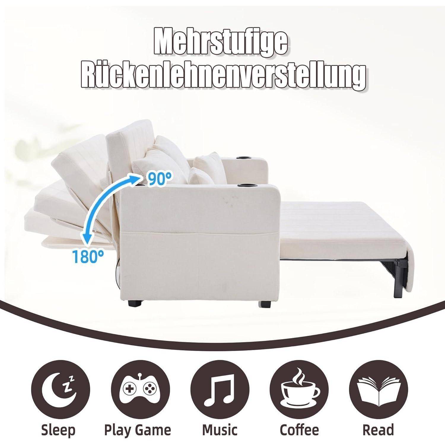Zweisitzer Sofa mit Schlaffunktion, Schlafcouch Ausziehbar, Multifunktionales Klappsofa | Mit Aufbewahrungstasche, Becherhalter & 4 Kissen, Kleine