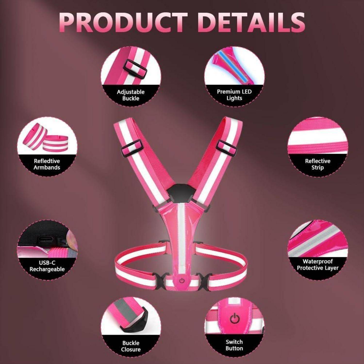 Rosa reflektierendes LED-Geschirr mit verstellbarem Schnallenverschluss, USB-C aufladbare Leuchten, reflektierende Streifen und Armbänder, wasserdichte Schutzschicht und Schnallenverschluss mit Schalterknopf.
