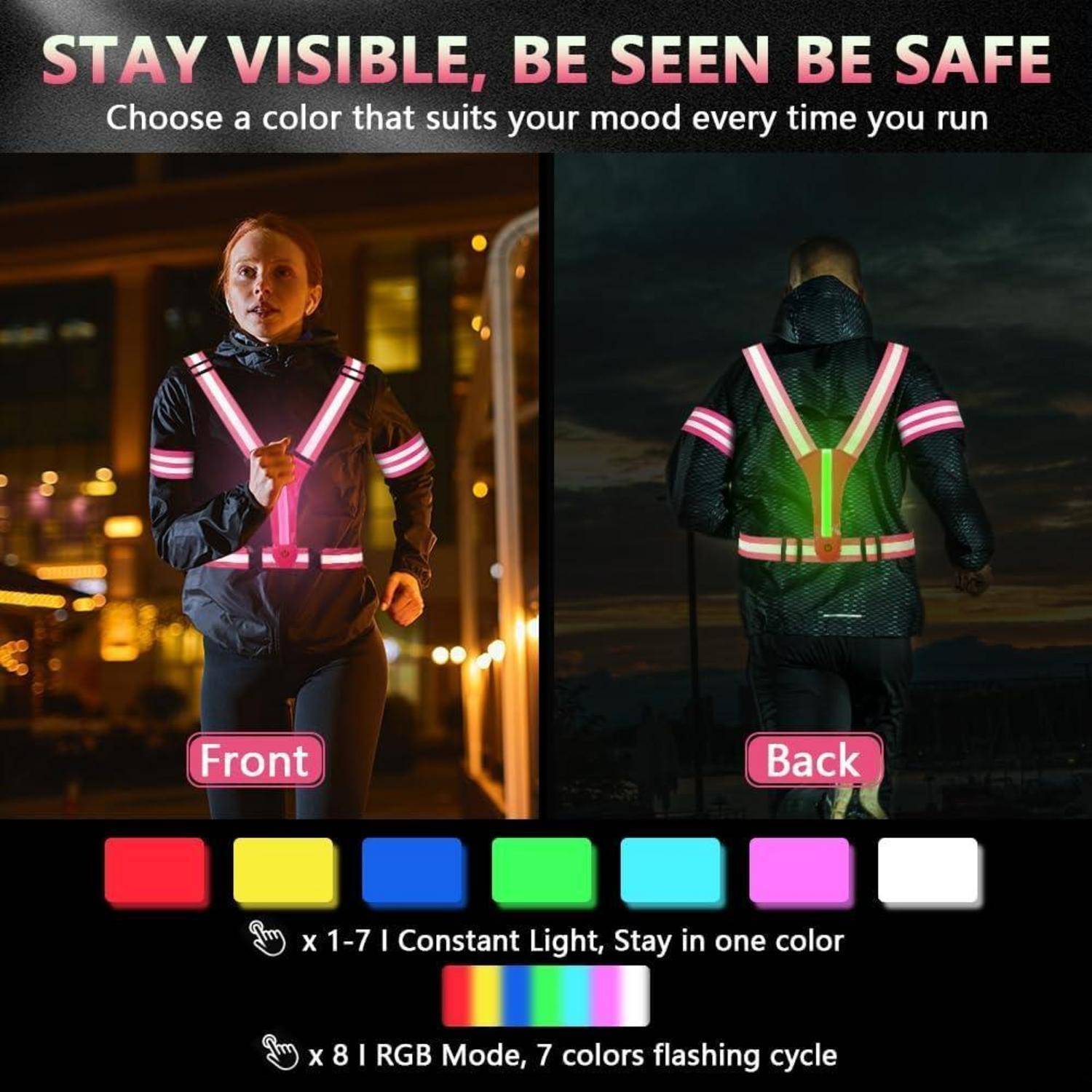 Werbebild eines Läufers, der eine reflektierende LED-Sicherheitsweste trägt, von vorne und hinten gezeigt, mit Farboptionen und Modi: konstantes Licht oder blinkender RGB-Zyklus.