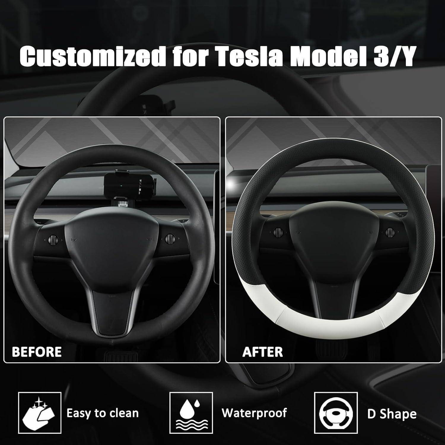 Werbeabbildung mit vorher und nachher eines Tesla Model 3/Y Lenkradschutzes, zeigt ein einfaches schwarzes Lenkrad auf der linken Seite und ein zweifarbiges weiß-schwarzes D-förmiges Lenkrad auf der rechten Seite; der Text hebt „Leicht zu reinigen" und „Wasserdicht"" hervor.