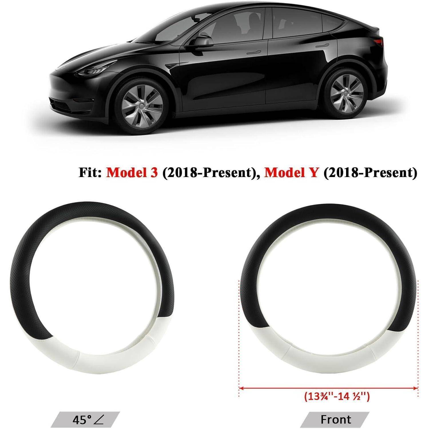 Produktpassform-Grafik, die einen schwarzen Tesla Model 3/Model Y und zwei schwarz-weiße kreisförmige Zierteile mit einem 45°-Schnitt und einer Frontbreite von 13¾-14½ Zoll zeigt.
