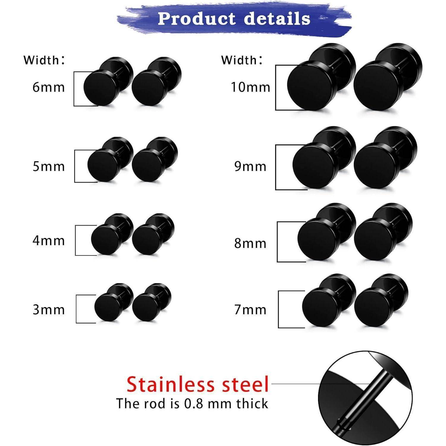 Produktdetailstabelle mit schwarzem Edelstahlstöpseln in den Größen 3 mm bis 10 mm; Stabdicke beträgt 0,8 mm.