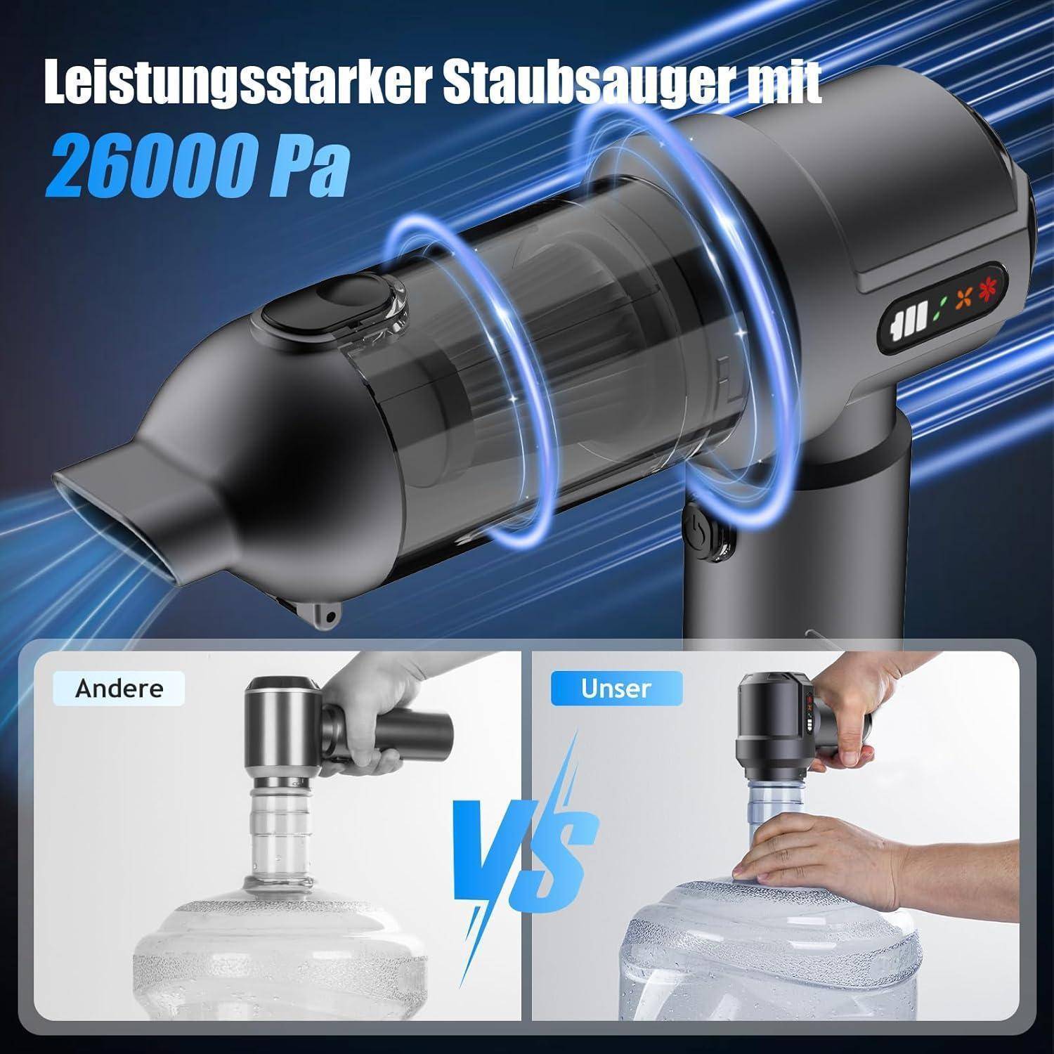 Handstaubsauger Akku, 26000Pa Autostaubsauger Kabellos, Bürstenloser Motor, 4 in 1 Mini Staubsauger Auto mit Kontrollleuchte, Wiederaufladbar für Au
