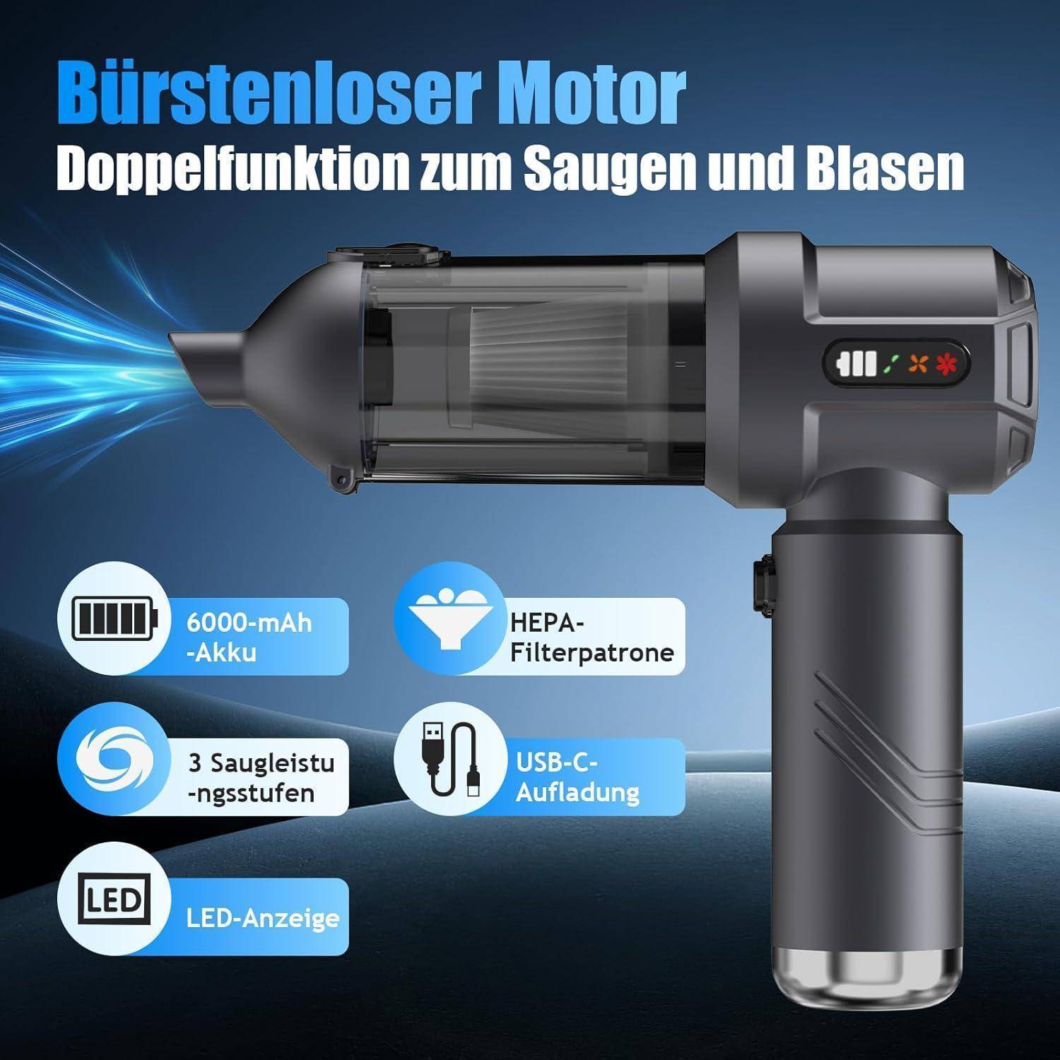 Handstaubsauger Akku, 26000Pa Autostaubsauger Kabellos, Bürstenloser Motor, 4 in 1 Mini Staubsauger Auto mit Kontrollleuchte, Wiederaufladbar für Au