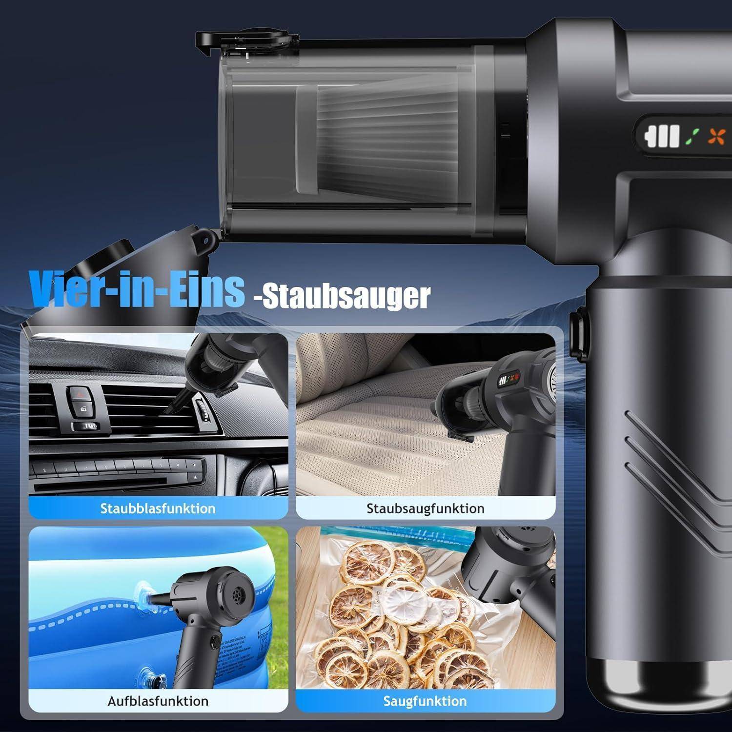 Handstaubsauger Akku, 26000Pa Autostaubsauger Kabellos, Bürstenloser Motor, 4 in 1 Mini Staubsauger Auto mit Kontrollleuchte, Wiederaufladbar für Au