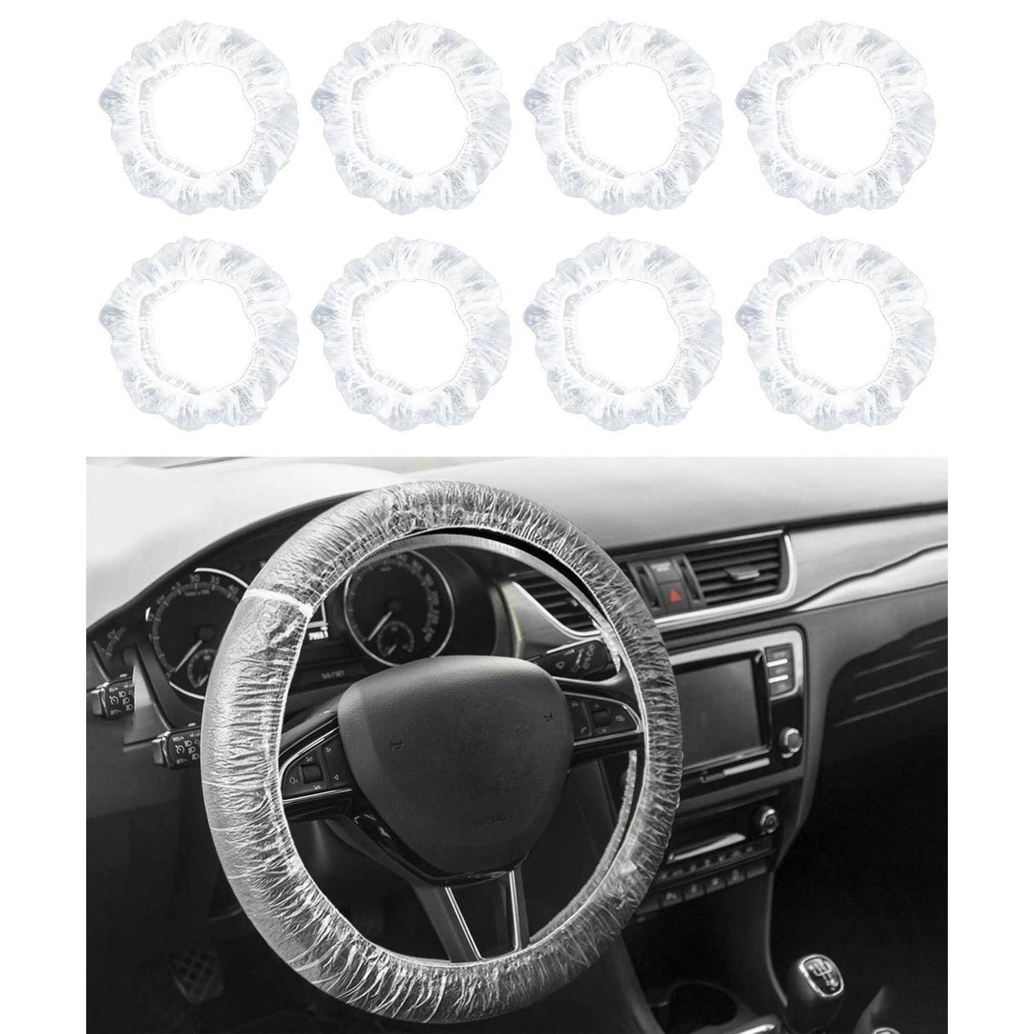 Acht durchsichtige Kunststoff-Lenkradabdeckungen, oben gezeigt über einem Lenkrad, auf dem eine in einem Autoinnenraum montiert ist.