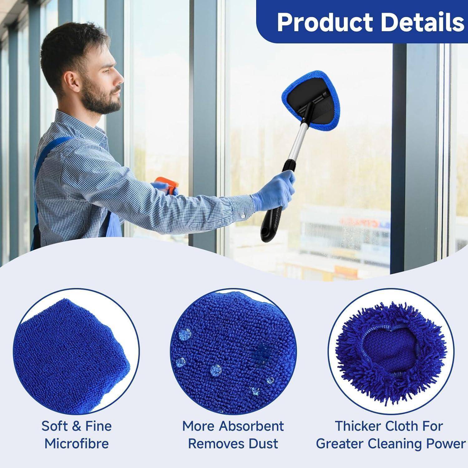 Mann verwendet ein Mikrofaser-Fensterreinigungswerkzeug auf Glas; Produktdetails heben weiches, feines Mikrofaser, absorbente Staubentfernung und dickeres Tuch für stärkere Reinigung hervor.
