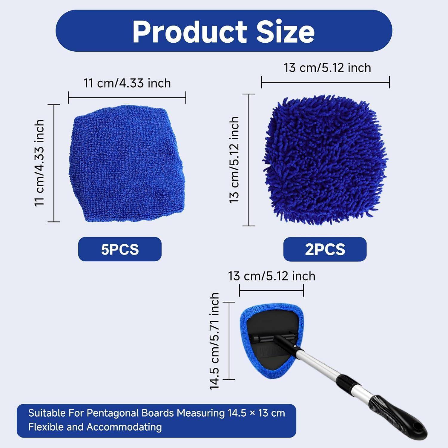 Größentabelle für Produkte mit zwei blauen Reinigungspad-Bezügen: 11 cm quadratisches 5er-Pack und 13 cm quadratisches 2er-Pack, sowie ein passender fünfeckiger Platinenbezug für 14,5 x 13 cm Platten.