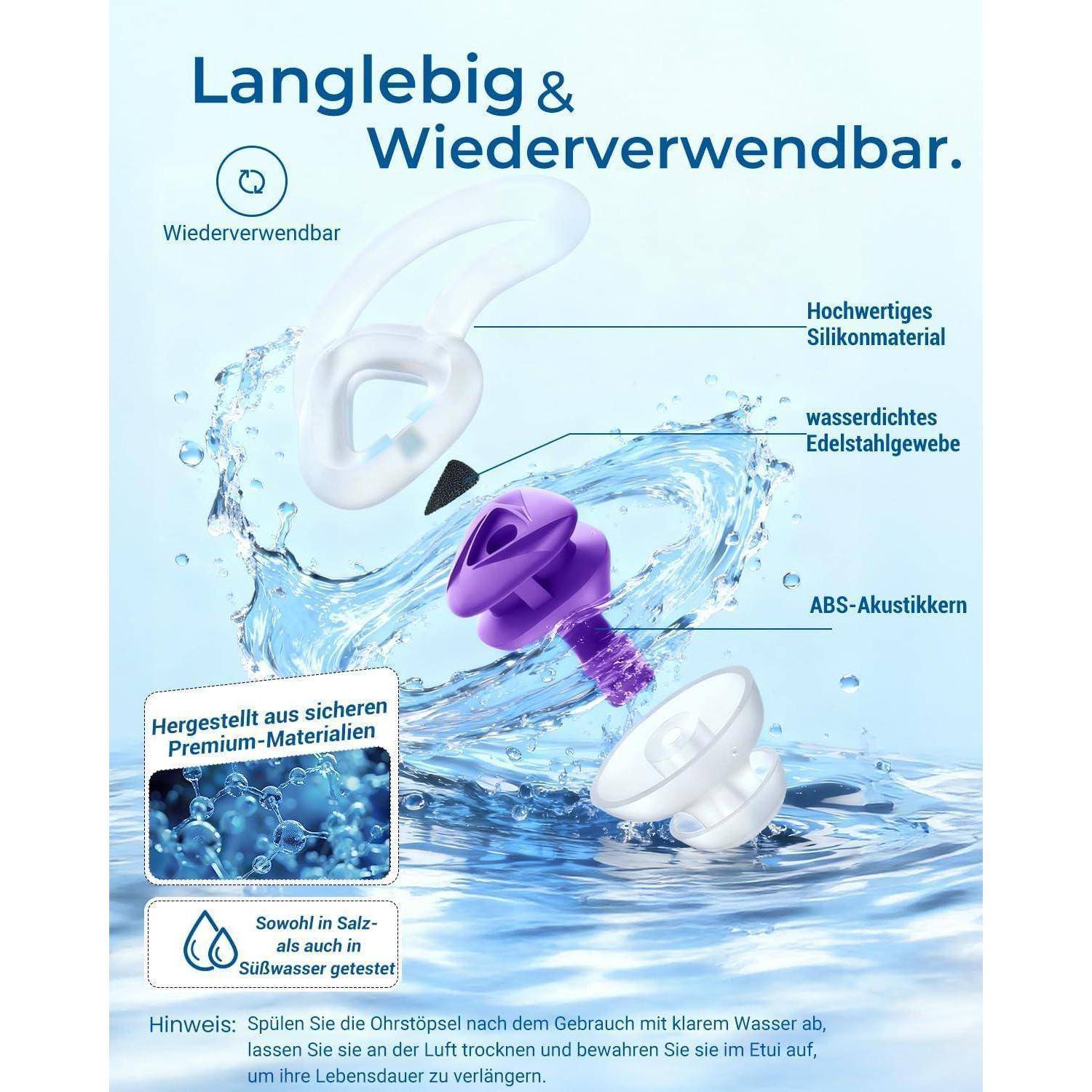 Hearprotek Ohrstöpsel Schwimmen, 2 Paare Silicone Wasserdichte Schwimmer Ohrstöpsel Gehörschutz-ohrschutz Gegen Wasser Erwachsene für Dusche, Pool