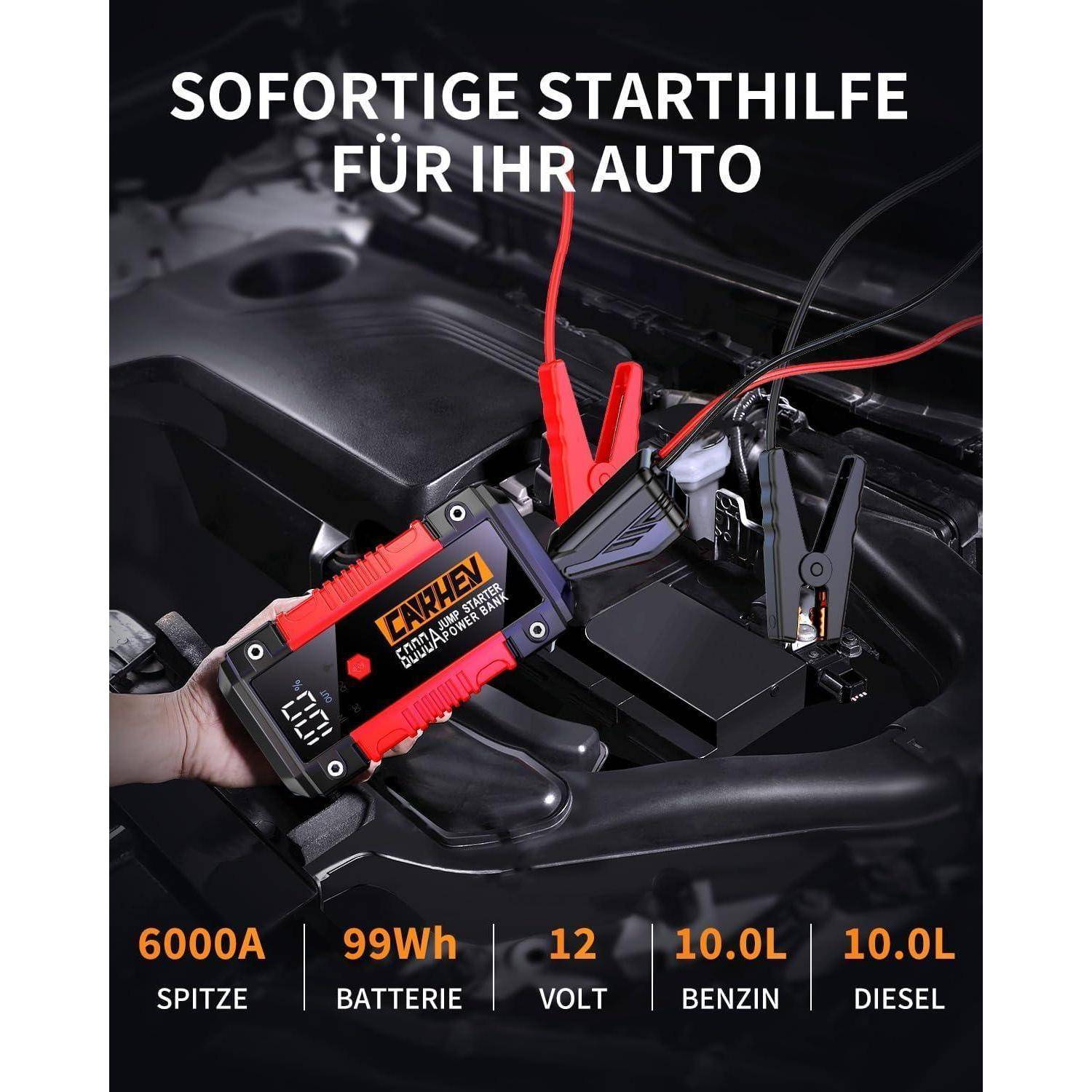 Autostarthilfe mit Klemmen, verbunden mit einer Autobatterie, beschriftet mit „Sofortige Starthilfe für Ihr Auto