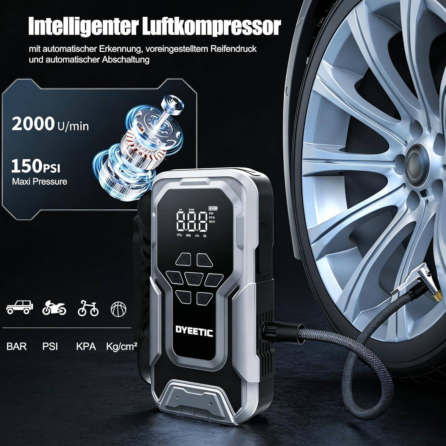 7000A Starthilfe Powerbank mit 150PSI Kompressor, 12V Auto Starthilfe Starter Tragbares Autobatterie Booster für Auto/Moto (alle Benzin und 12,0L