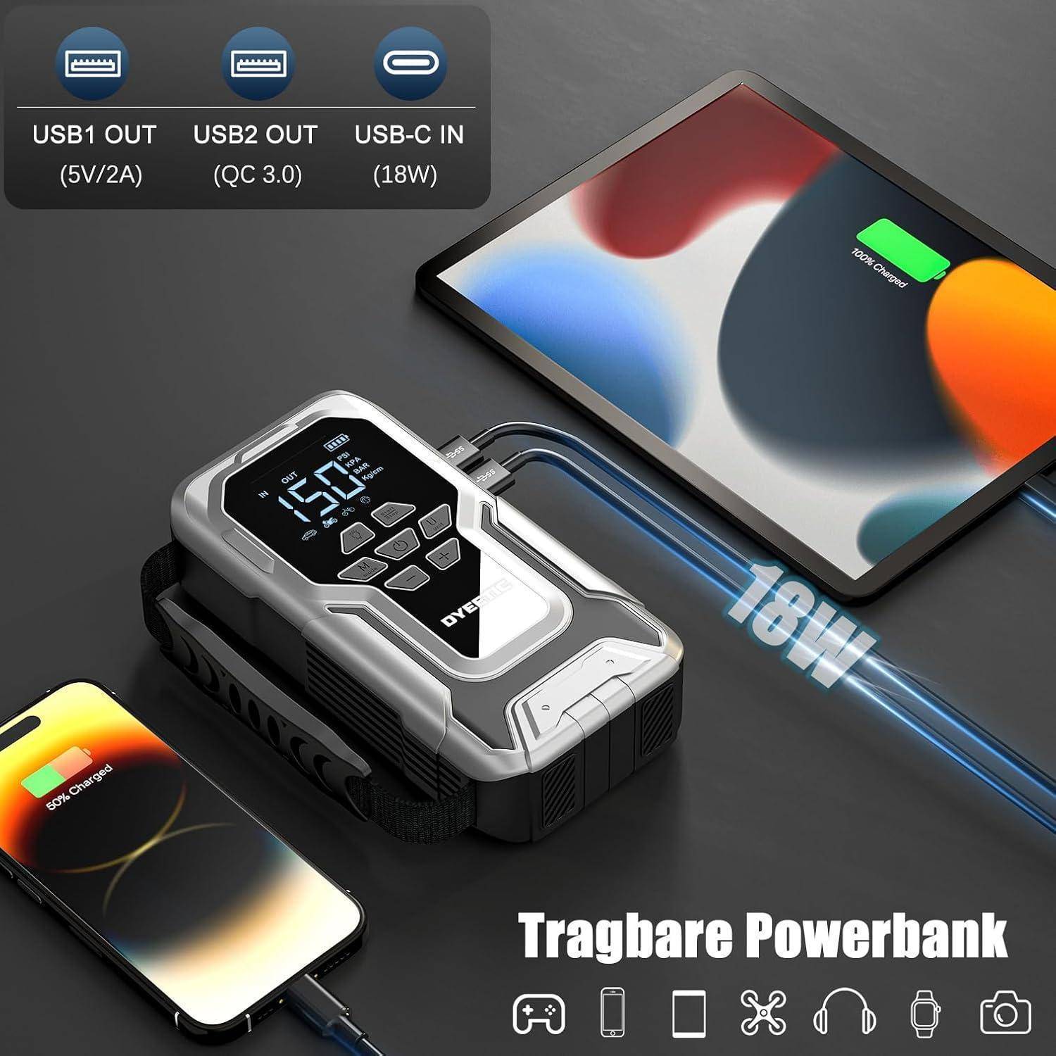 7000A Starthilfe Powerbank mit 150PSI Kompressor, 12V Auto Starthilfe Starter Tragbares Autobatterie Booster für Auto/Moto (alle Benzin und 12,0L