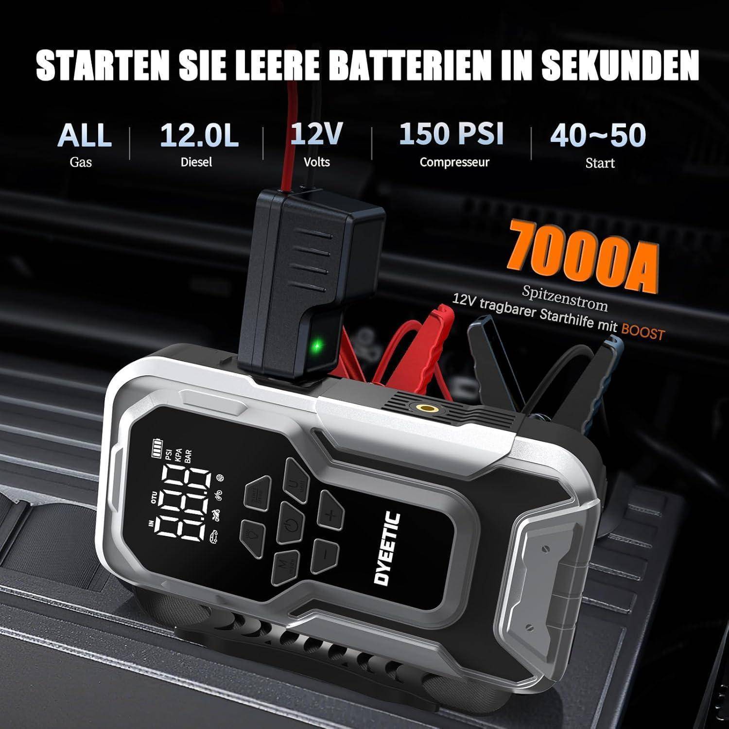 7000A Starthilfe Powerbank mit 150PSI Kompressor, 12V Auto Starthilfe Starter Tragbares Autobatterie Booster für Auto/Moto (alle Benzin und 12,0L