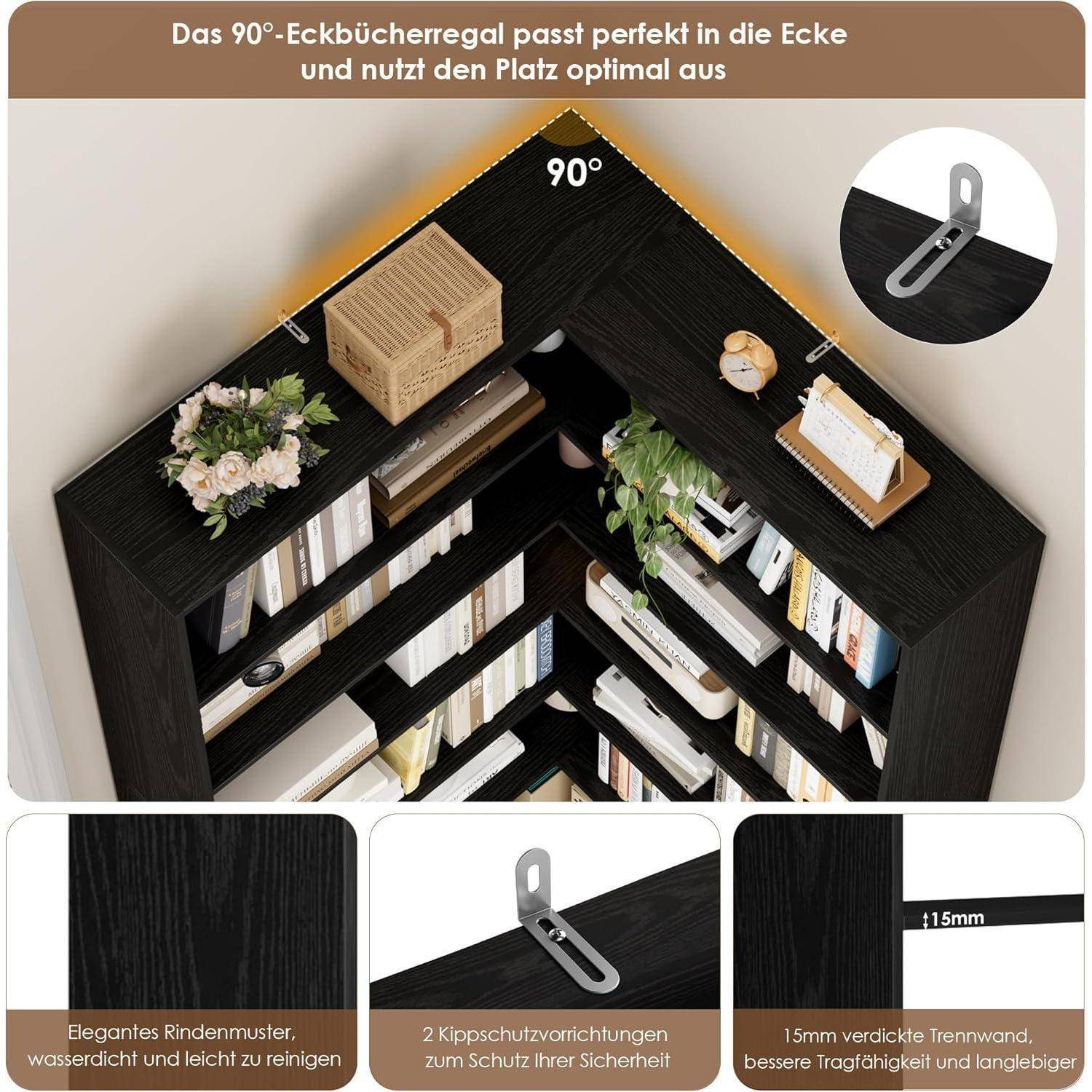 Eckbücherregal mit 90°-Winkel, das schwarze Holzmaserungsregale zeigt, die in einer Raumecke eingepasst sind; Beschriftungen heben Kippverriegelungsbeschläge und 15 mm dicke Trennwände hervor.
