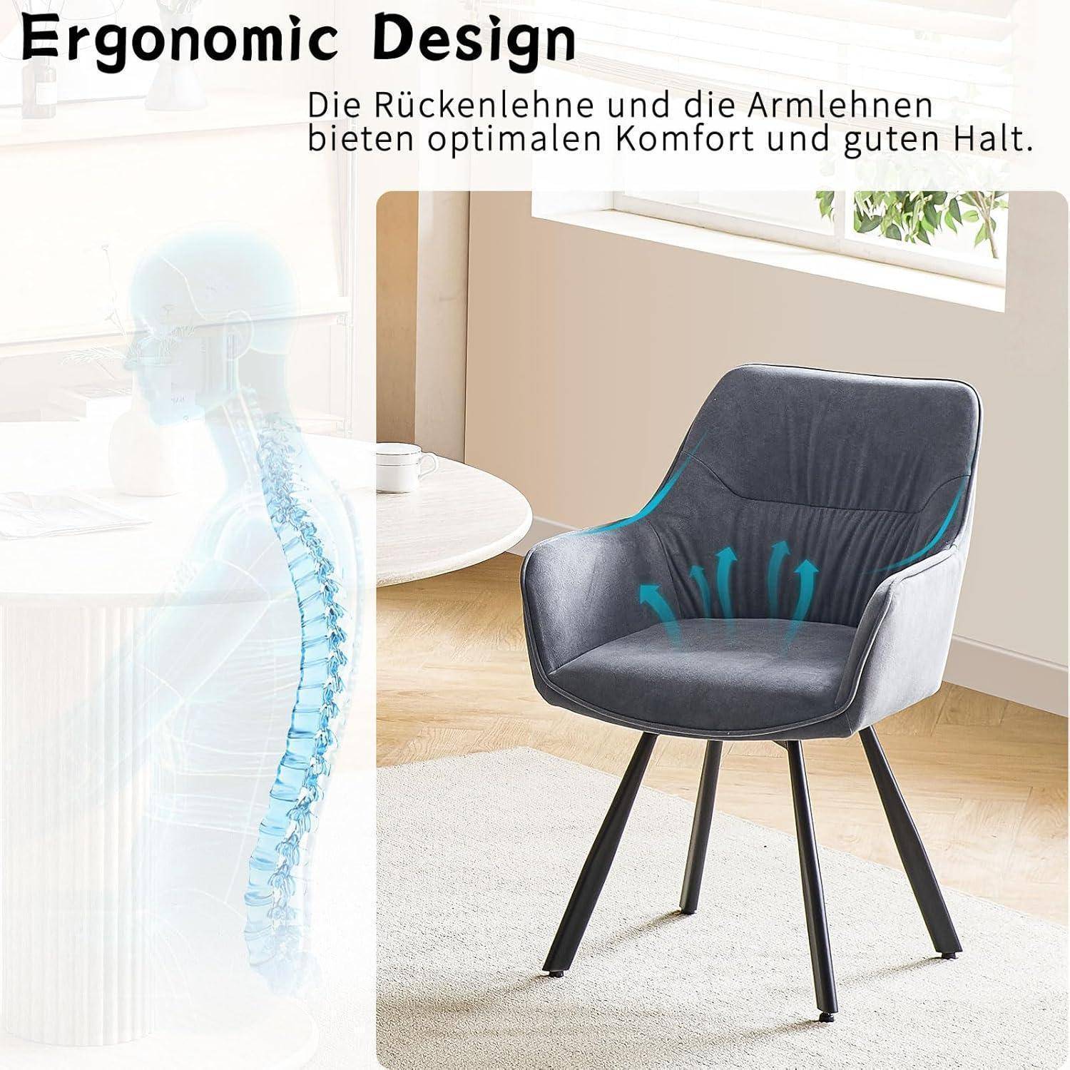 Ergonomischer Designstuhl mit Rückenlehne und Armlehnen, dargestellt in einem hellen Raum zur Unterstützung von Körperhaltung und Komfort; der Text liest sich "Ergonomic Design"" und deutsche Komfortbeschreibung.