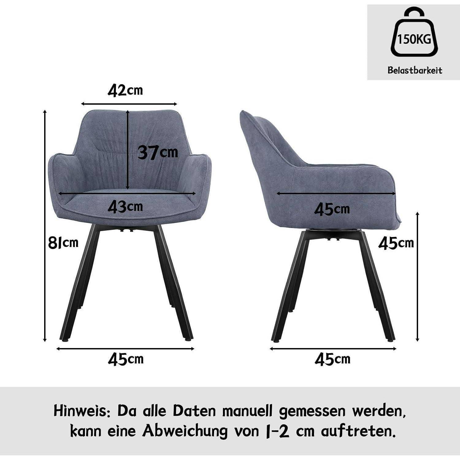 Diagramm eines grau gepolsterten Stuhls mit Abmessungen: 42 cm breit, 81 cm hoch, 45 cm tief, Sitzfläche 43 cm und 37 cm, mit einer Tragfähigkeit von 150 kg und einem Toleranzhinweis von 1–2 cm.