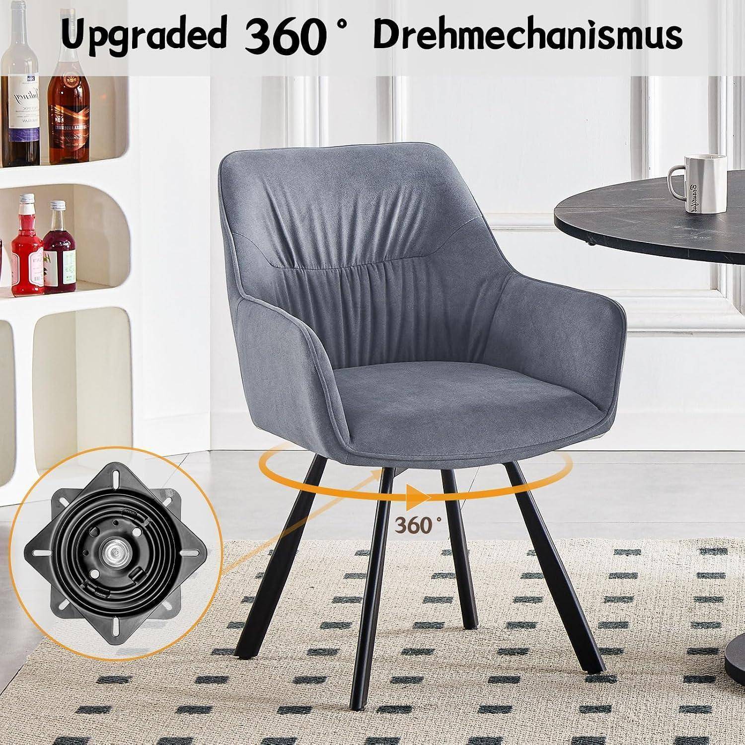 Grauer Polsterstuhl mit Schwenkfunktion und schwarzen Beinen, beschriftet mit „Verbesserter 360°-Drehmaismus", wird in 360-Grad-Rotation gezeigt.