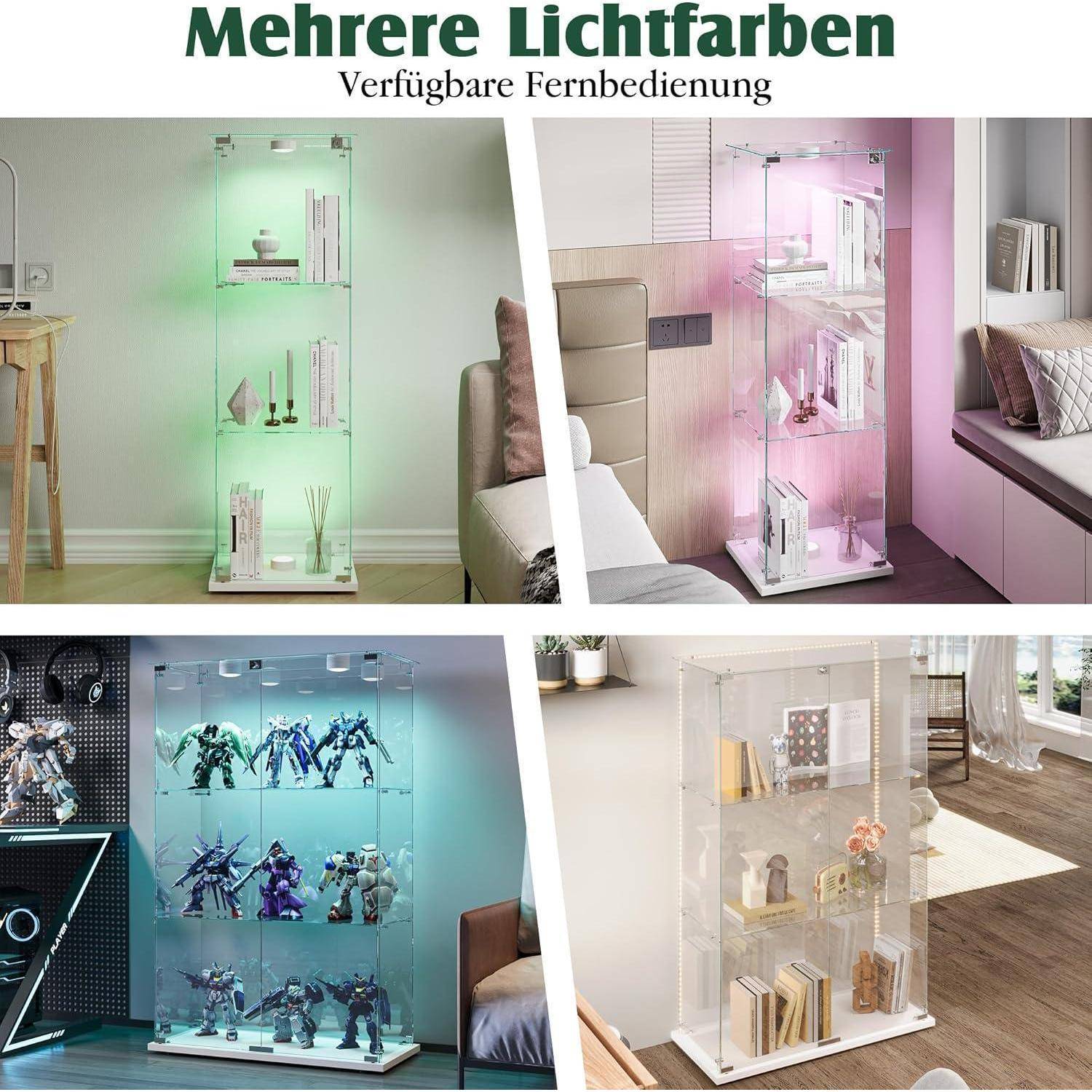 Glasvitrine Standvitrine mit LED, Glasvitrine Stehend mit 3 Lagen Glas, Vitrinenschrank 2 TüR &amp; Schloss Vitrine Glasschrank für Wohnzimmer Büro Sam