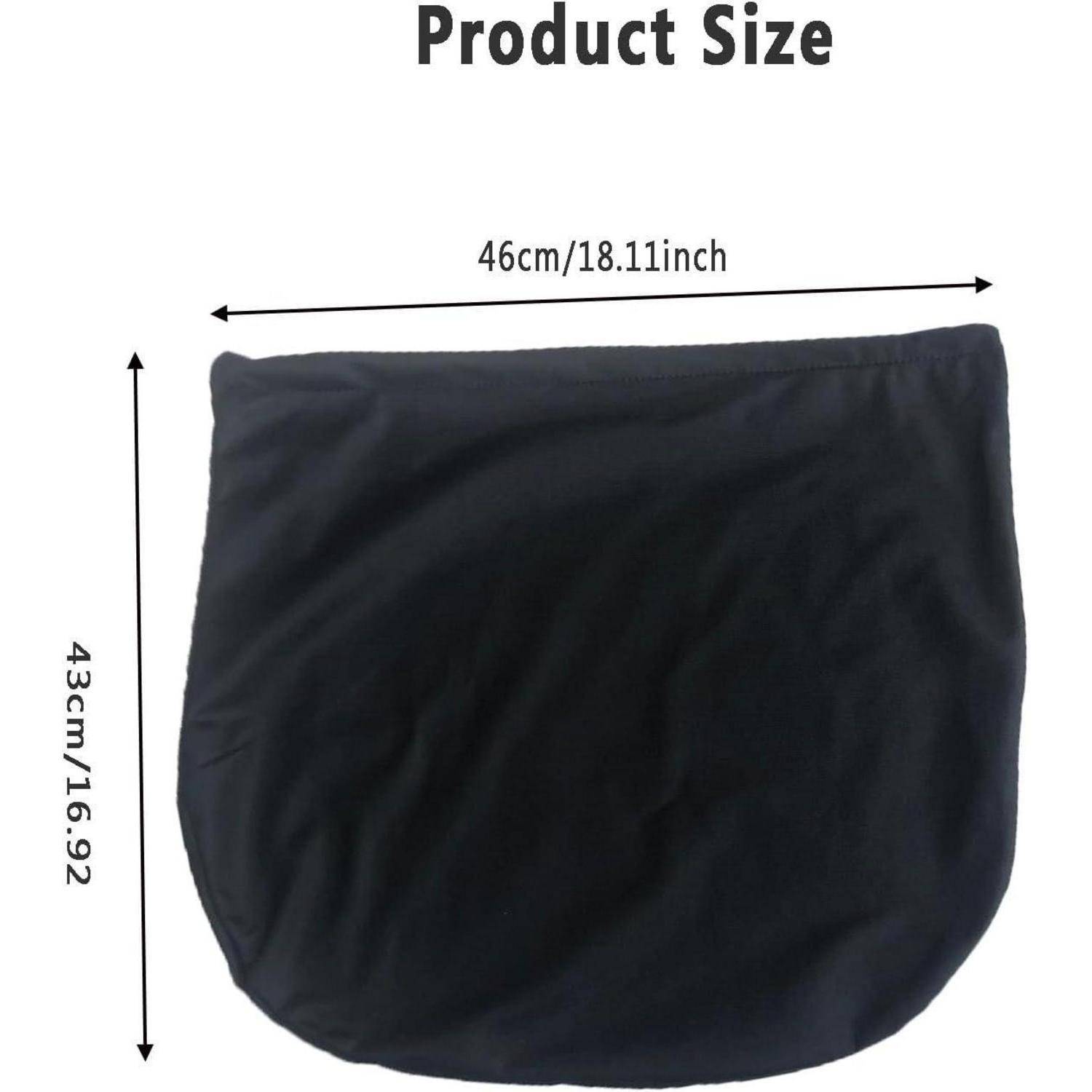 Produktgrößen-Diagramm, das eine schwarze Tasche oder einen Beutel zeigt, der 46 cm breit und 43 cm hoch ist.