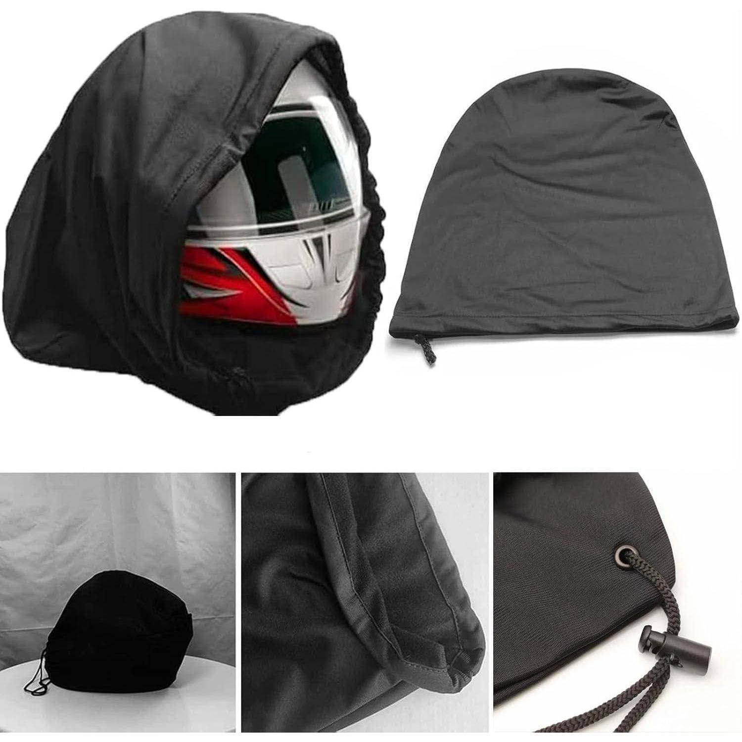 Schwarze Helmtasche mit Kordelzug/Helmschutz, gezeigt auf einem Motorradhelm, mit Nahaufnahmen des Stoffes, der Naht und des Kordelschlosses.