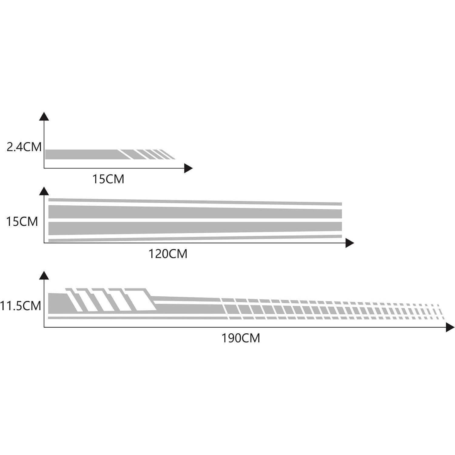 Drei horizontale Bemaßungsdiagramme, die Größen von 2,4 cm mal 15 cm, 15 cm mal 120 cm und 11,5 cm mal 190 cm zeigen.