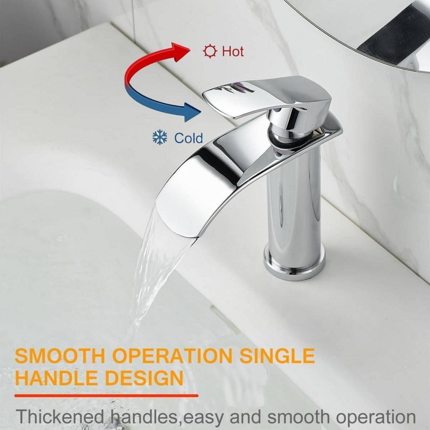 Beelee Einloch-Einhebel Wasserfall Waschtischarmatur mit G3/8" Kalt- und Warmwasseranschluss, verchromt, Moderne Armatur für Waschbecken im