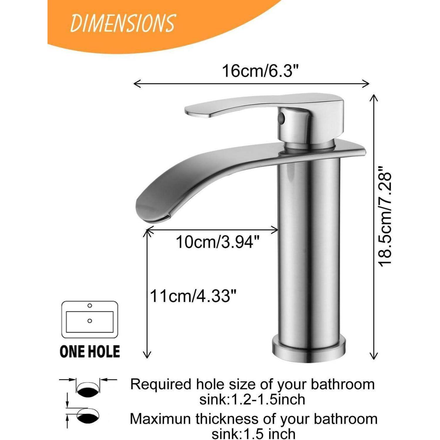 Beelee Einloch-Einhebel Wasserfall Waschtischarmatur mit G3/8" Kalt- und Warmwasseranschluss, verchromt, Moderne Armatur für Waschbecken im