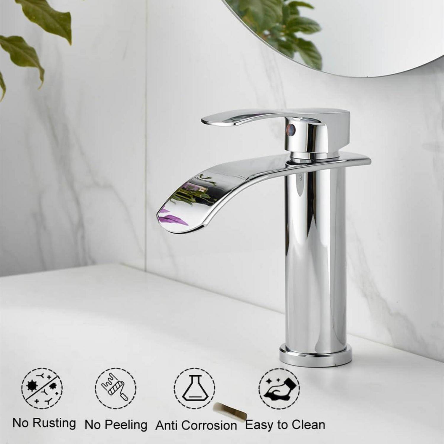 Beelee Einloch-Einhebel Wasserfall Waschtischarmatur mit G3/8" Kalt- und Warmwasseranschluss, verchromt, Moderne Armatur für Waschbecken im