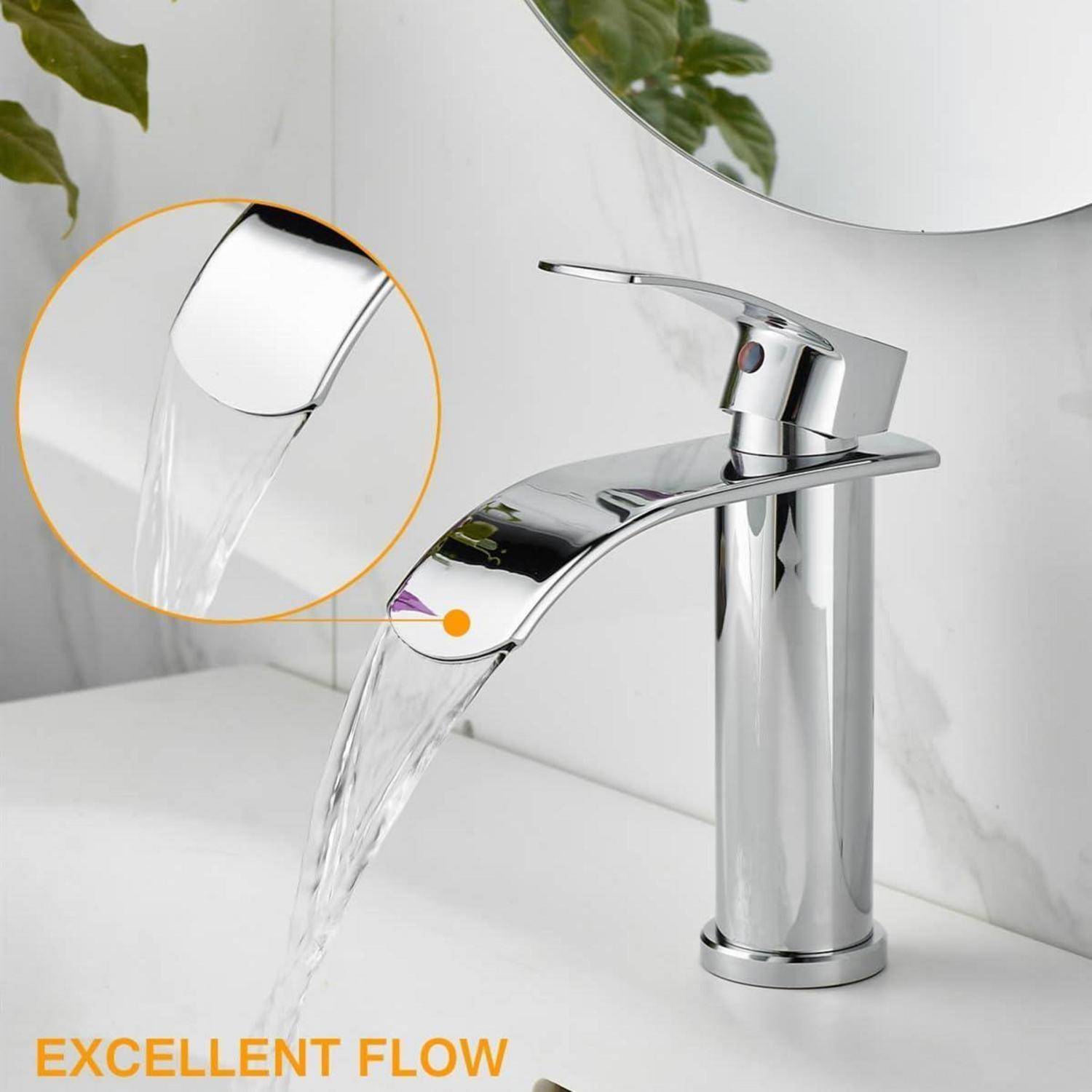 Beelee Einloch-Einhebel Wasserfall Waschtischarmatur mit G3/8" Kalt- und Warmwasseranschluss, verchromt, Moderne Armatur für Waschbecken im