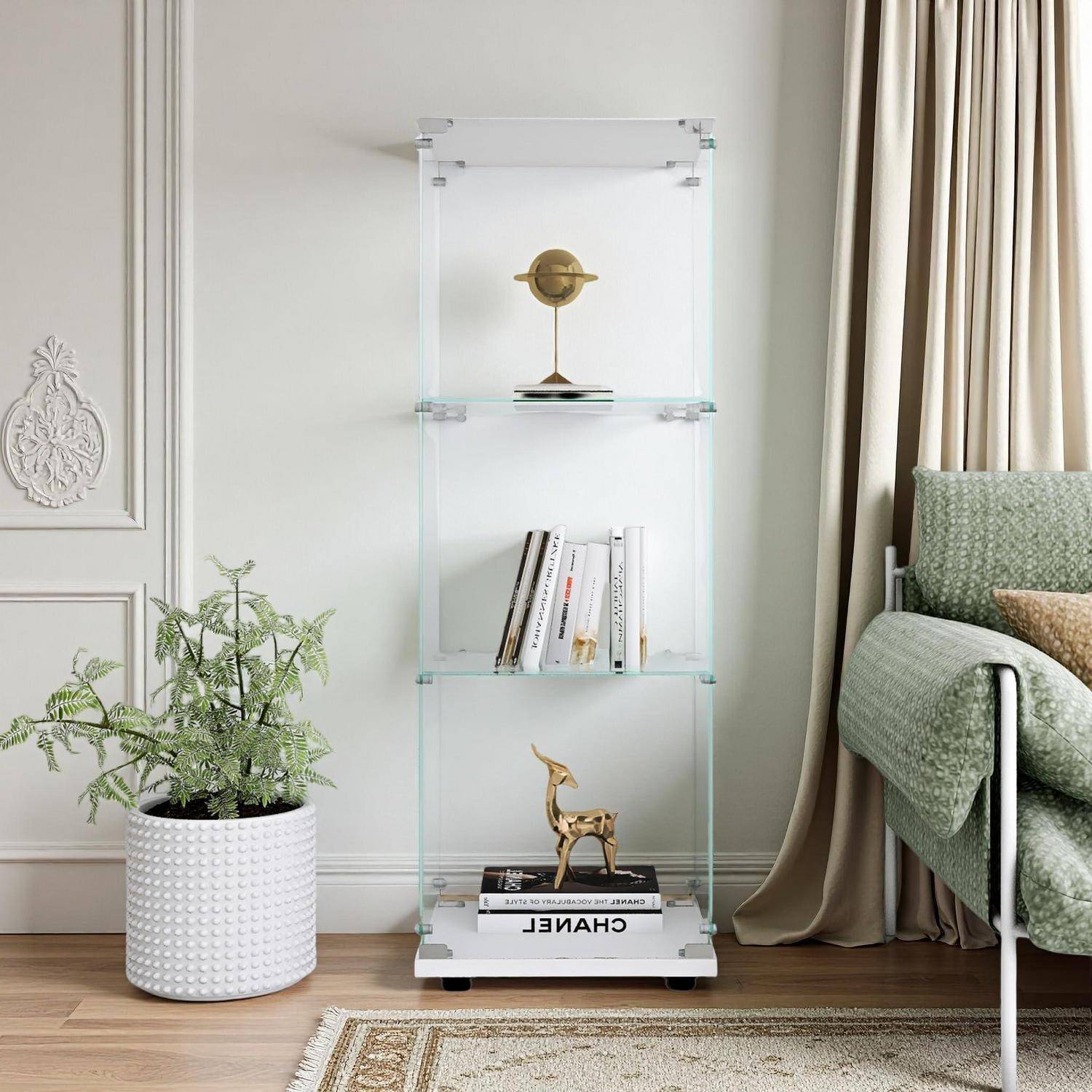 Vitrine aus Glas mit LED, Moderne Vitrine aus gehärtetem Glas, 3 Schichten mit 1 Tür, Sammlervitrine, transparent, freistehend, für Wohnzimmer, Sch