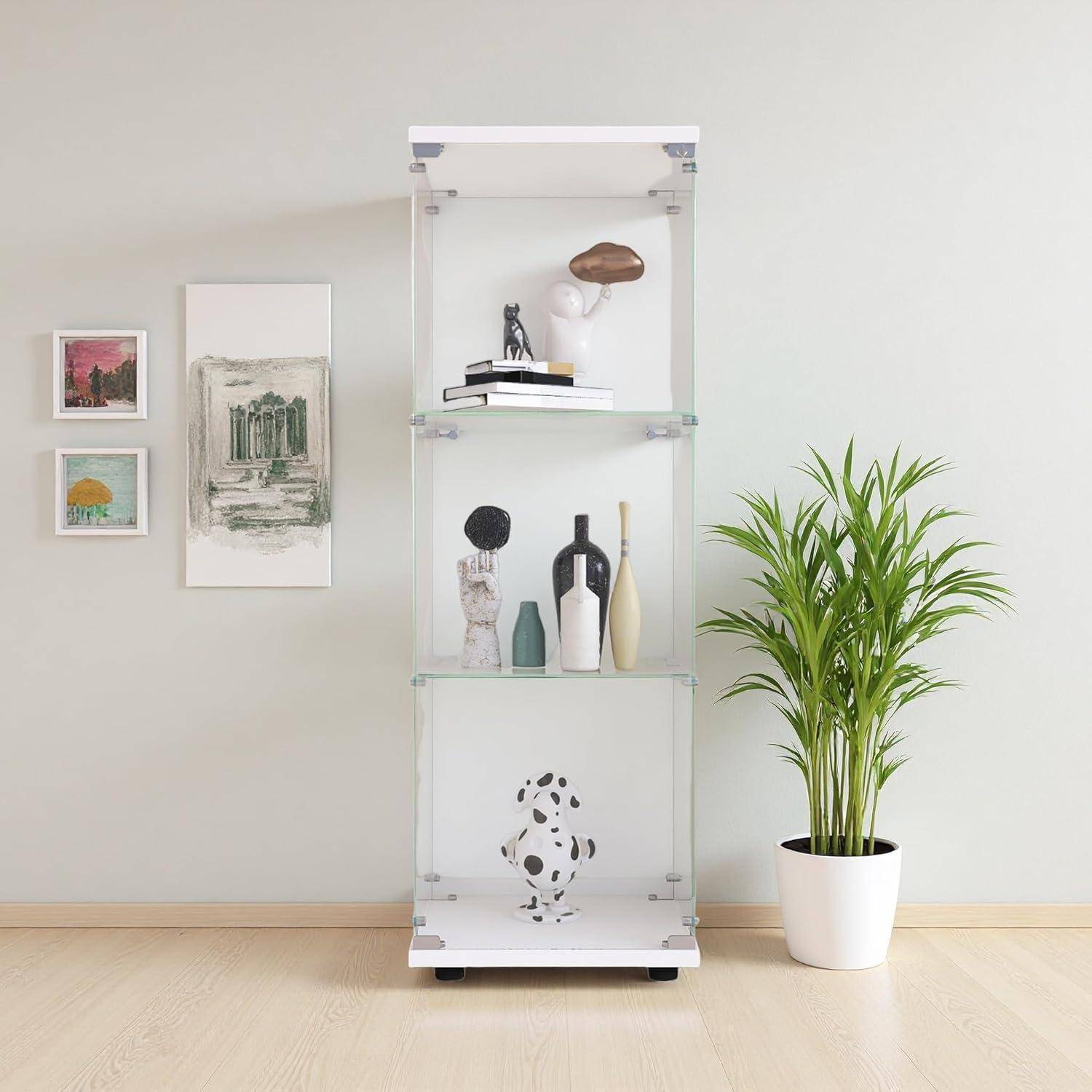 Vitrine aus Glas mit LED, Moderne Vitrine aus gehärtetem Glas, 3 Schichten mit 1 Tür, Sammlervitrine, transparent, freistehend, für Wohnzimmer, Sch