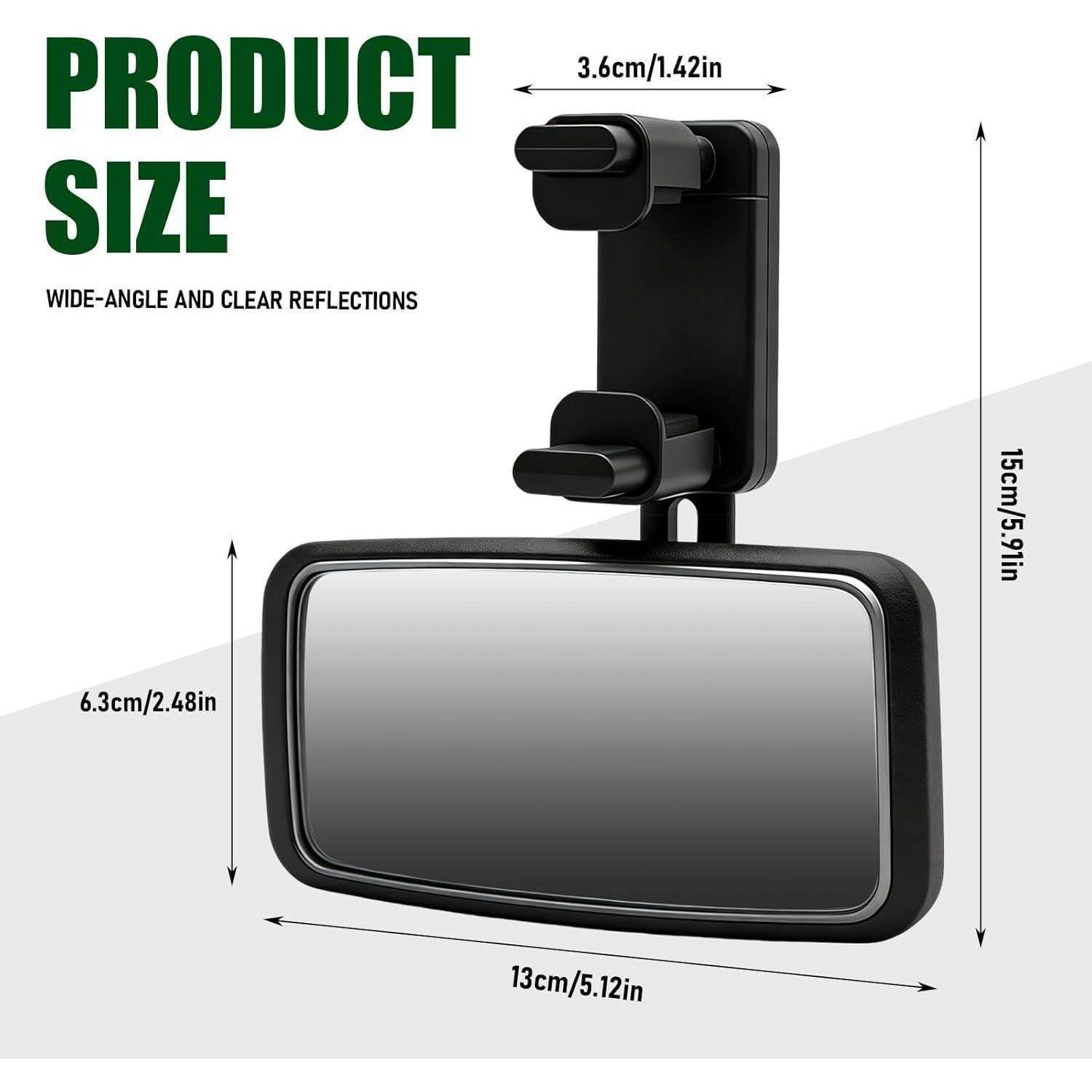 Größendiagramm eines rechteckigen Clip-on-Spiegels mit Beschriftung 13 cm x 6,3 cm Spiegel und 15 cm Gesamthöhe, mit 3,6 cm Klemmbreite und Text „Weitwinkel und klare Spiegelungen