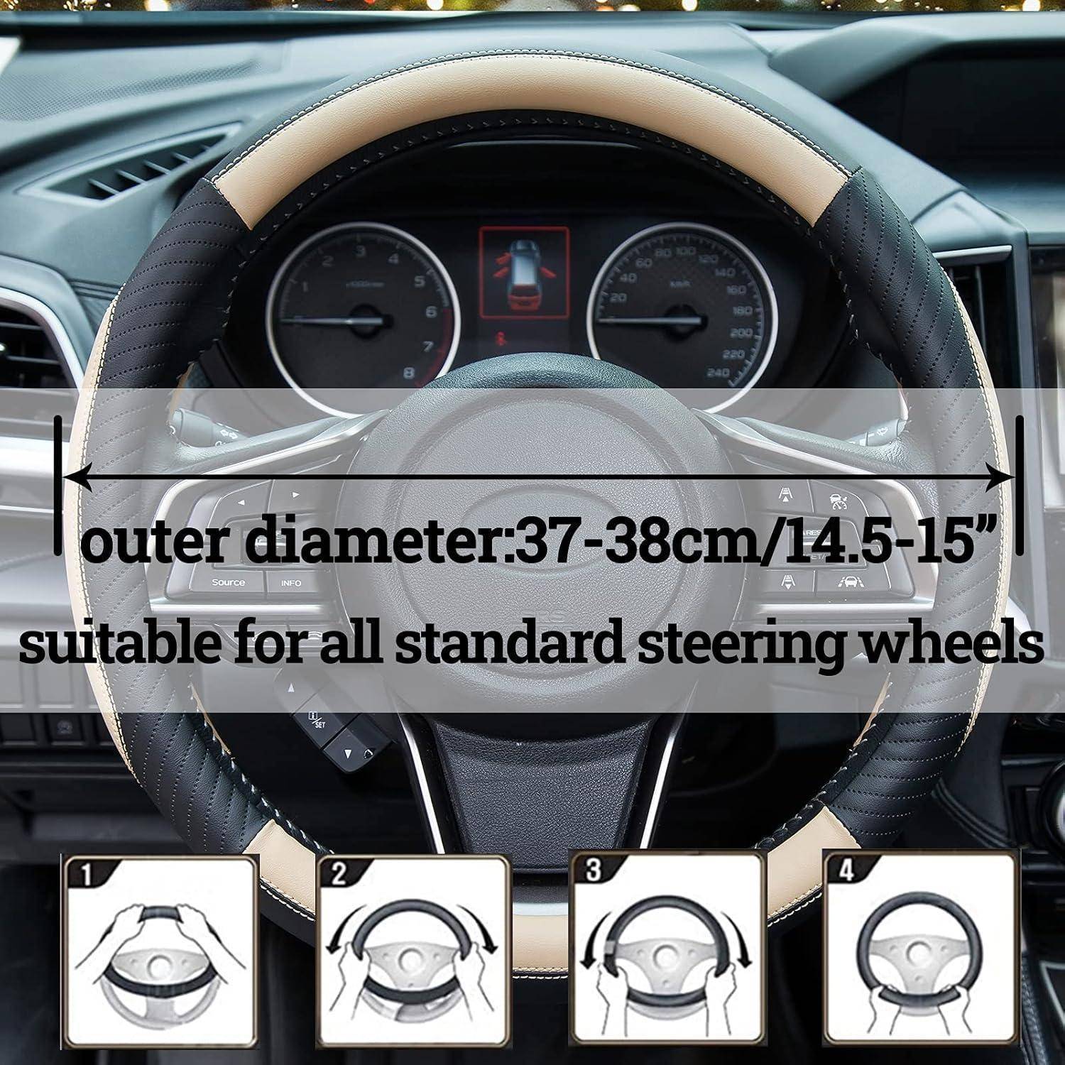Lenkradabdeckung auf einem Lenkrad dargestellt, beschriftet mit „Außendurchmesser: 37-38cm/14,5-15" und „geeignet für alle Standard-Lenkräder"" mit Installationsschritte-Symbolen darunter.