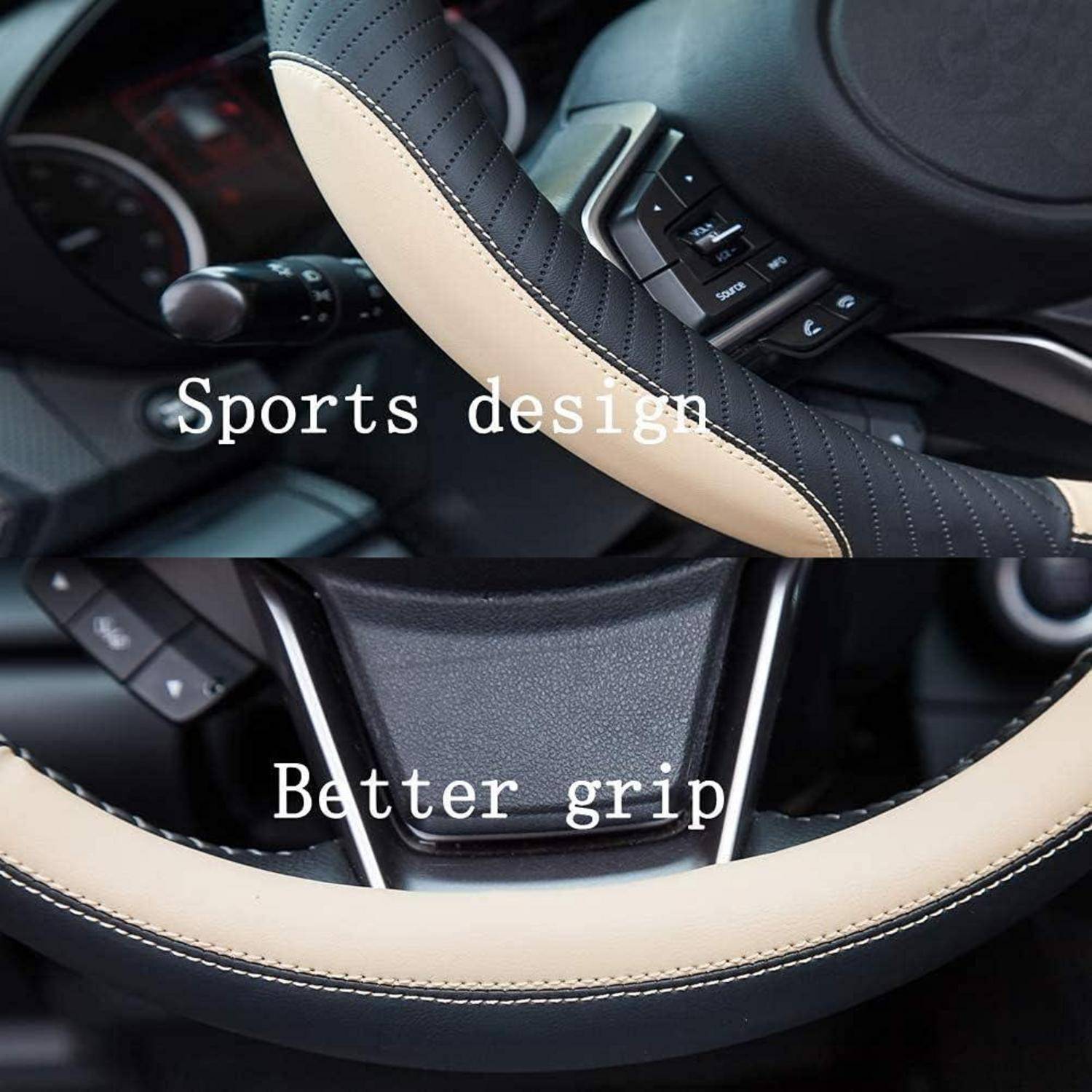 Nahaufnahme einer schwarzen und beigen Autolenkradabdeckung mit gestepptem Griff, beschriftet mit „Sports Design" und „Besserer Grip"".