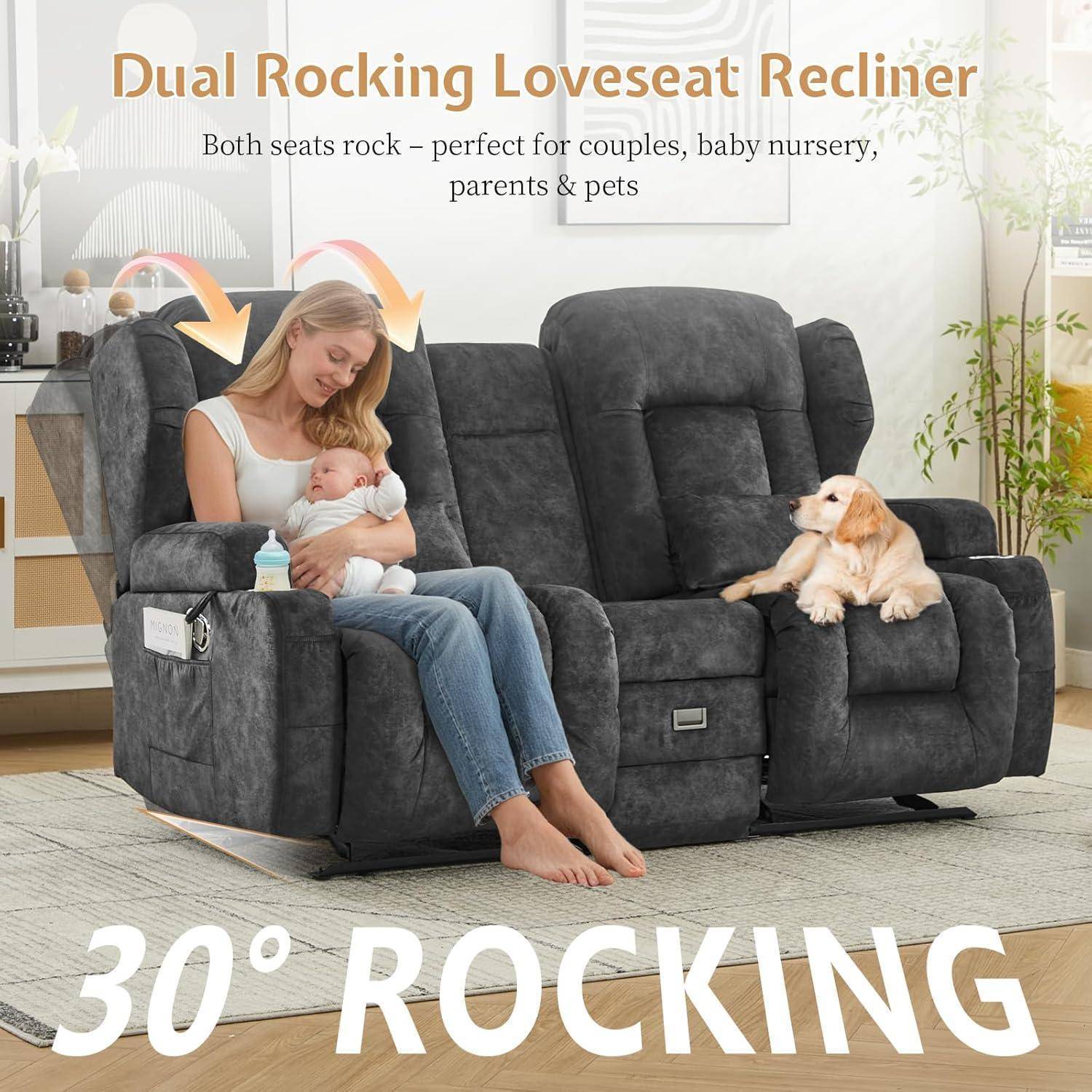 Werbebild eines doppelten Schaukelstuhl-Liebesitzes mit der Aufschrift „30° ROCKING