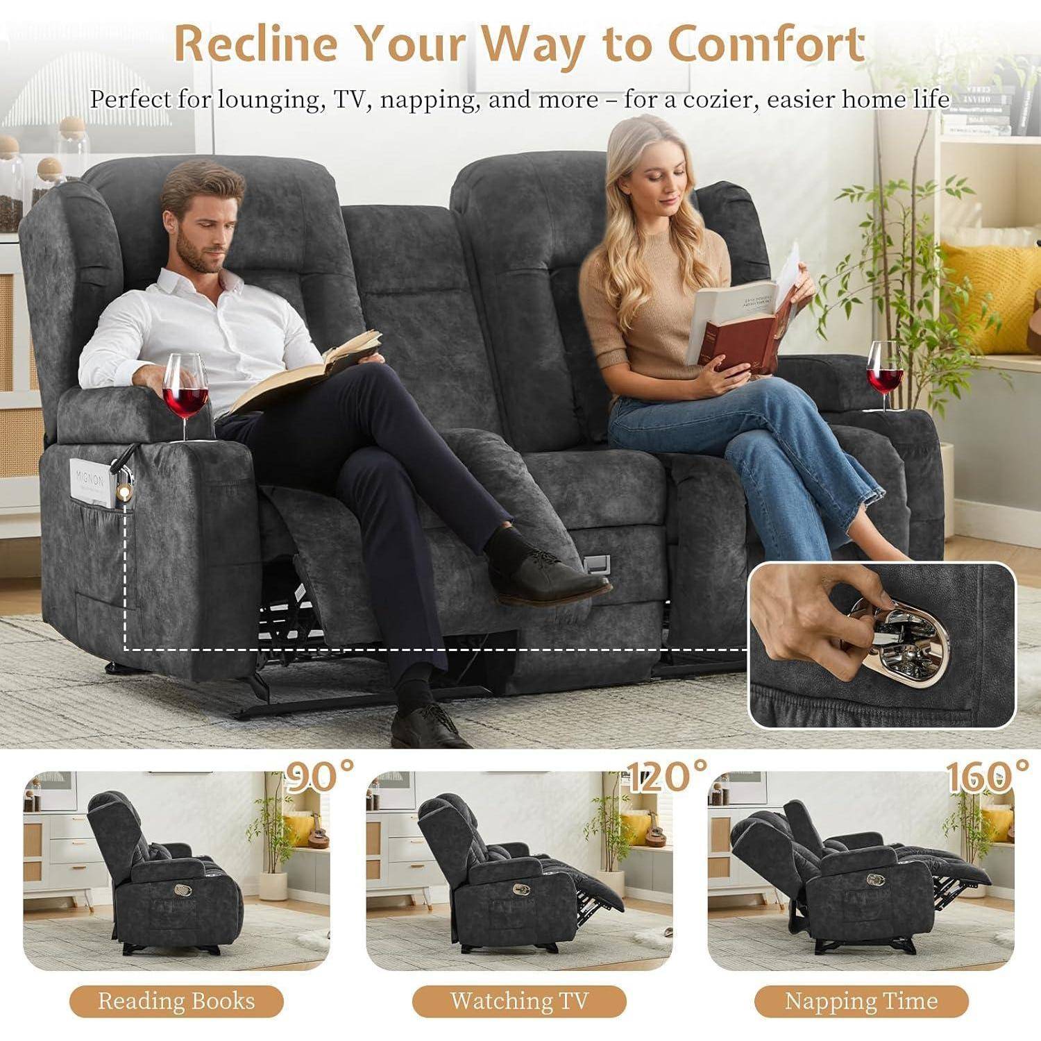 Liegesofa mit zwei Personen, die lesen, mit drei Positionen: 90° zum Lesen, 120° zum Fernsehen und 160° zum Nickerchen machen.