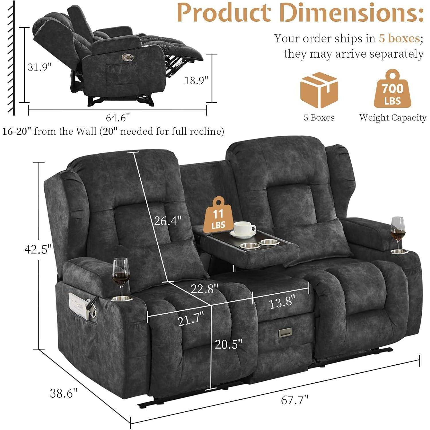Produktabmessungen für ein dunkelgraues Relaxsofa: 67,7