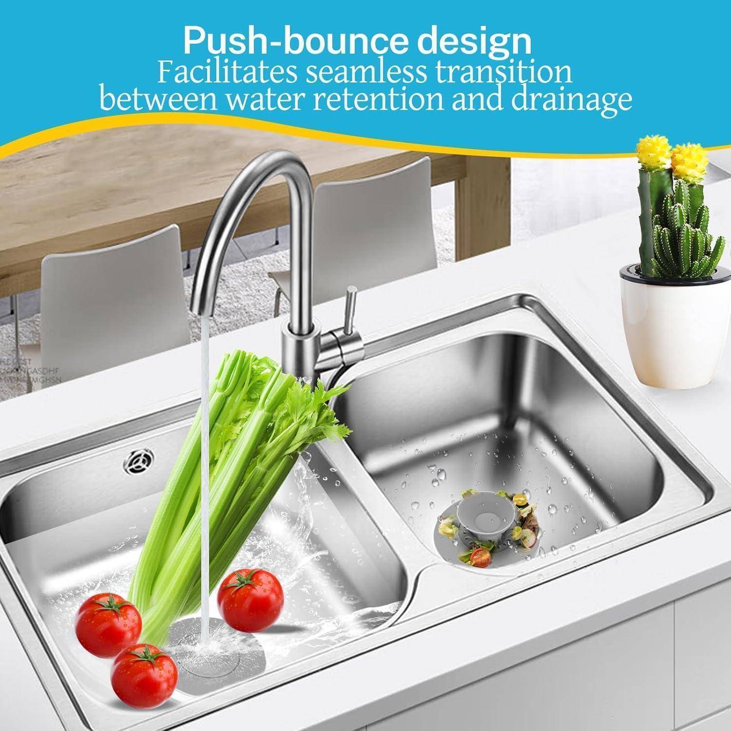 Küchenspüle mit Push-Bounce-Ablauf, der einen nahtlosen Wechsel zwischen Wasserspeicherung und Entwässerung zeigt; die Beschriftung lautet „Push-Bounce-Design