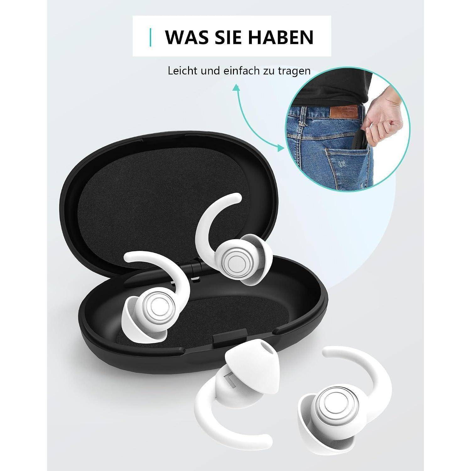 Werbebild von weißen kabellosen Ohrbügeln in einem schwarzen Ladeetui mit deutschem Text „WAS SIE HABEN