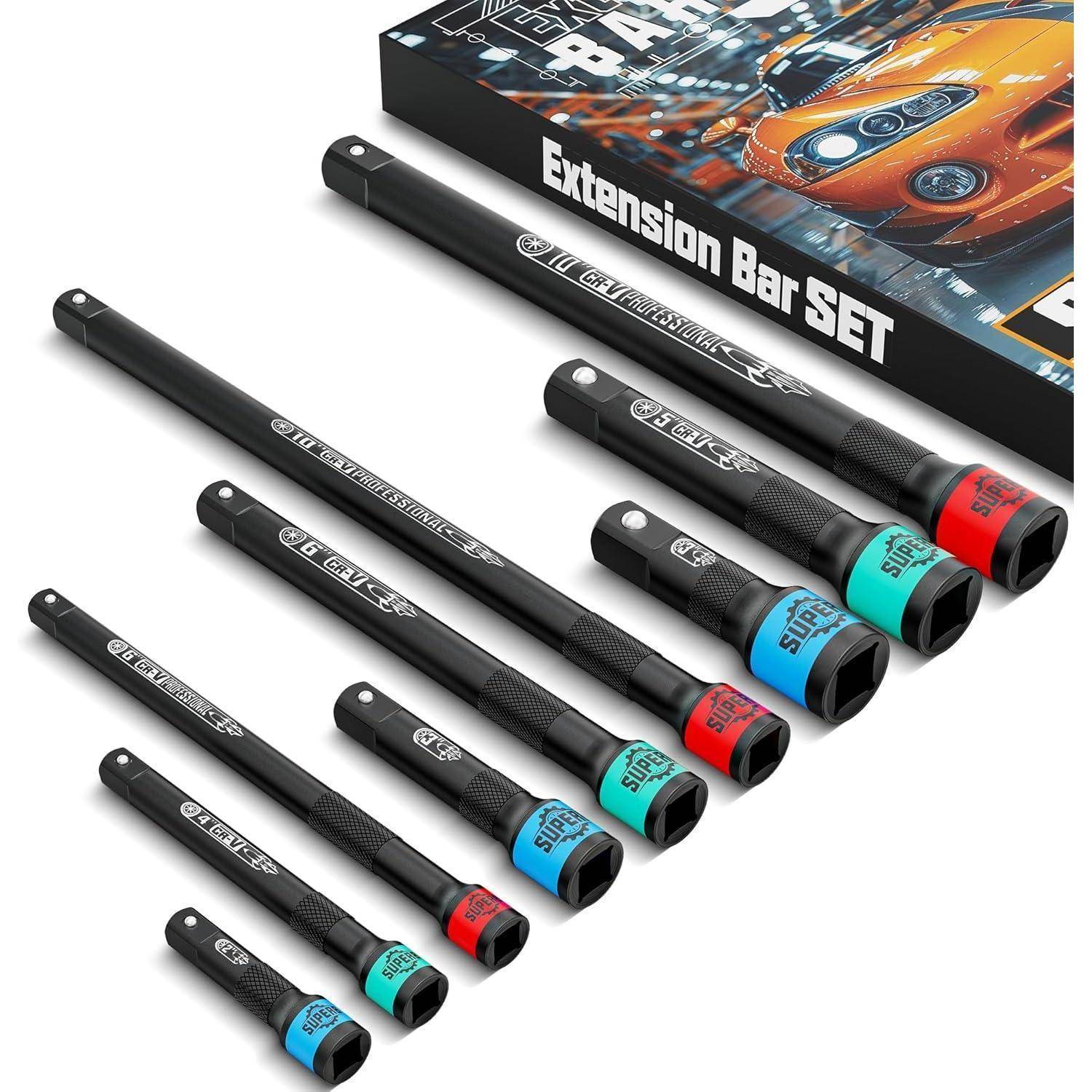 Satz aus sechs schwarzen Stecknussverl­ängerungsstangen mit farbigen Endkappen, dargestellt mit Produktverpackung mit der Aufschrift „Extension Bar SET