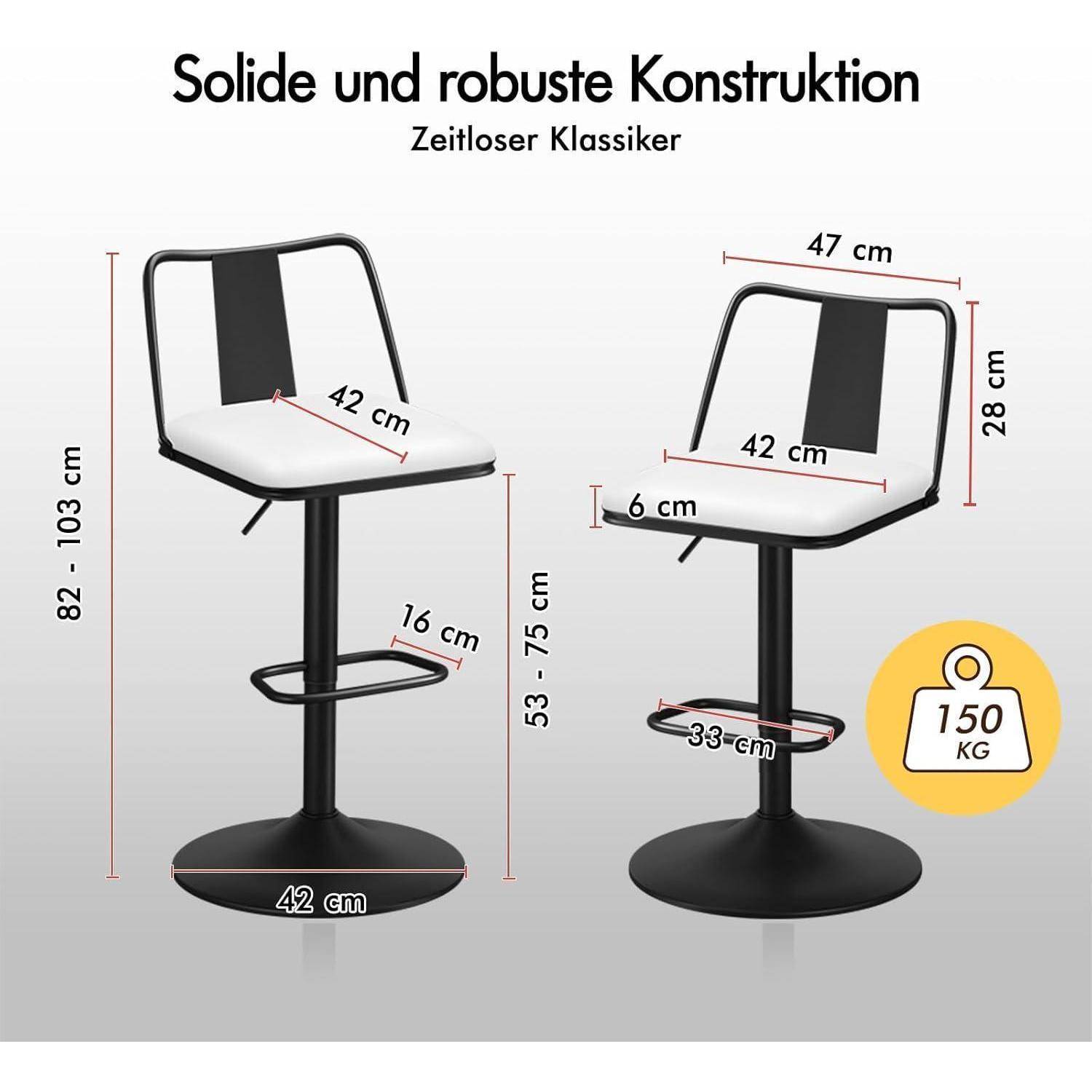 Deutsches Produktgrafik mit einem schwarzen verstellbaren Barhocker mit Rückenlehne, Abmessungen beschriftet 42-47 cm breit, 82-103 cm hoch und Gewichtsbegrenzung 150 kg.