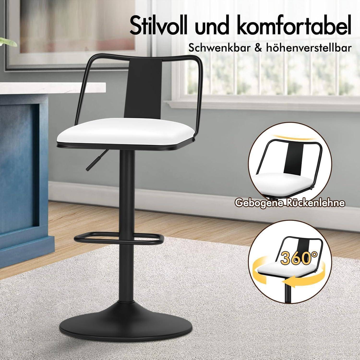 Schwarzer verstellbarer Drehhocker mit weißem Sitz in einem Raum; deutscher Text besagt „stilvoll und komfortabel