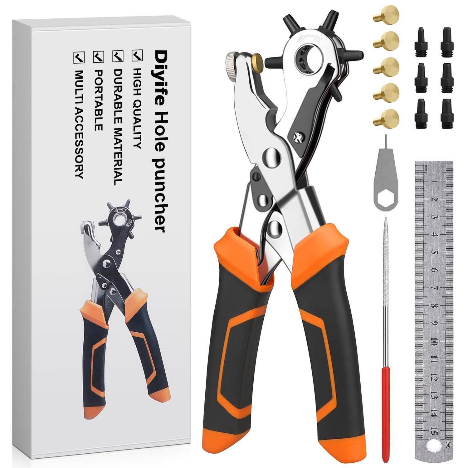 Produktfoto eines Diyfe-Lochers mit orange-schwarzen Griffen, gezeigt mit Zubehörlöchern, einem Nadel-Werkzeug und einem Lineal neben der Schachtel.