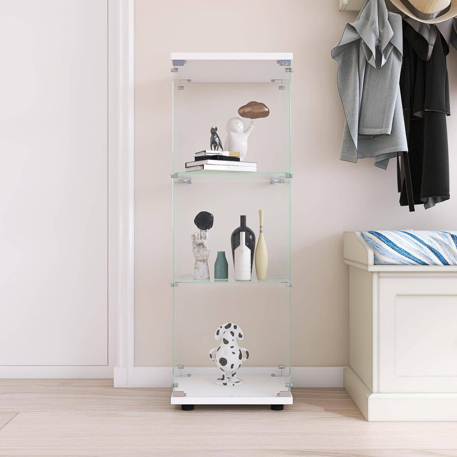 Vitrine aus Glas mit LED, Moderne Vitrine aus gehärtetem Glas, 3 Schichten mit 1 Tür, Sammlervitrine, transparent, freistehend, für Wohnzimmer, Sch